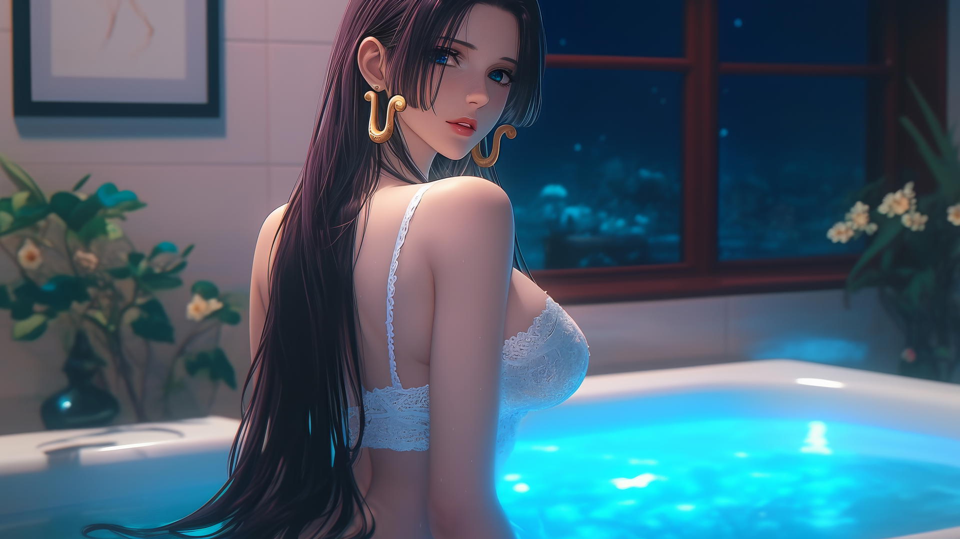 Boa Hancock from One Piece in a modern apartment, wearing white, with warm light glow.