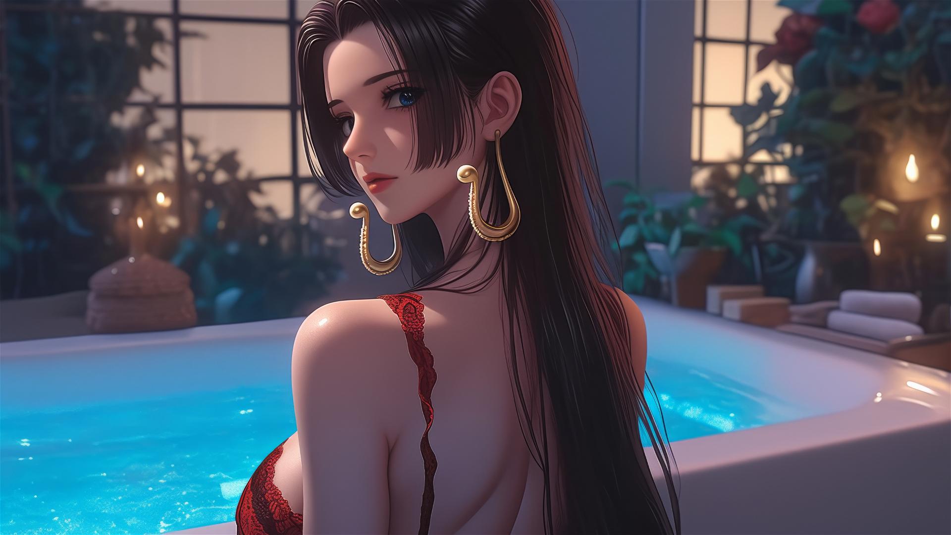 Boa Hancock from One Piece in a red outfit, back view in modern apartment tub