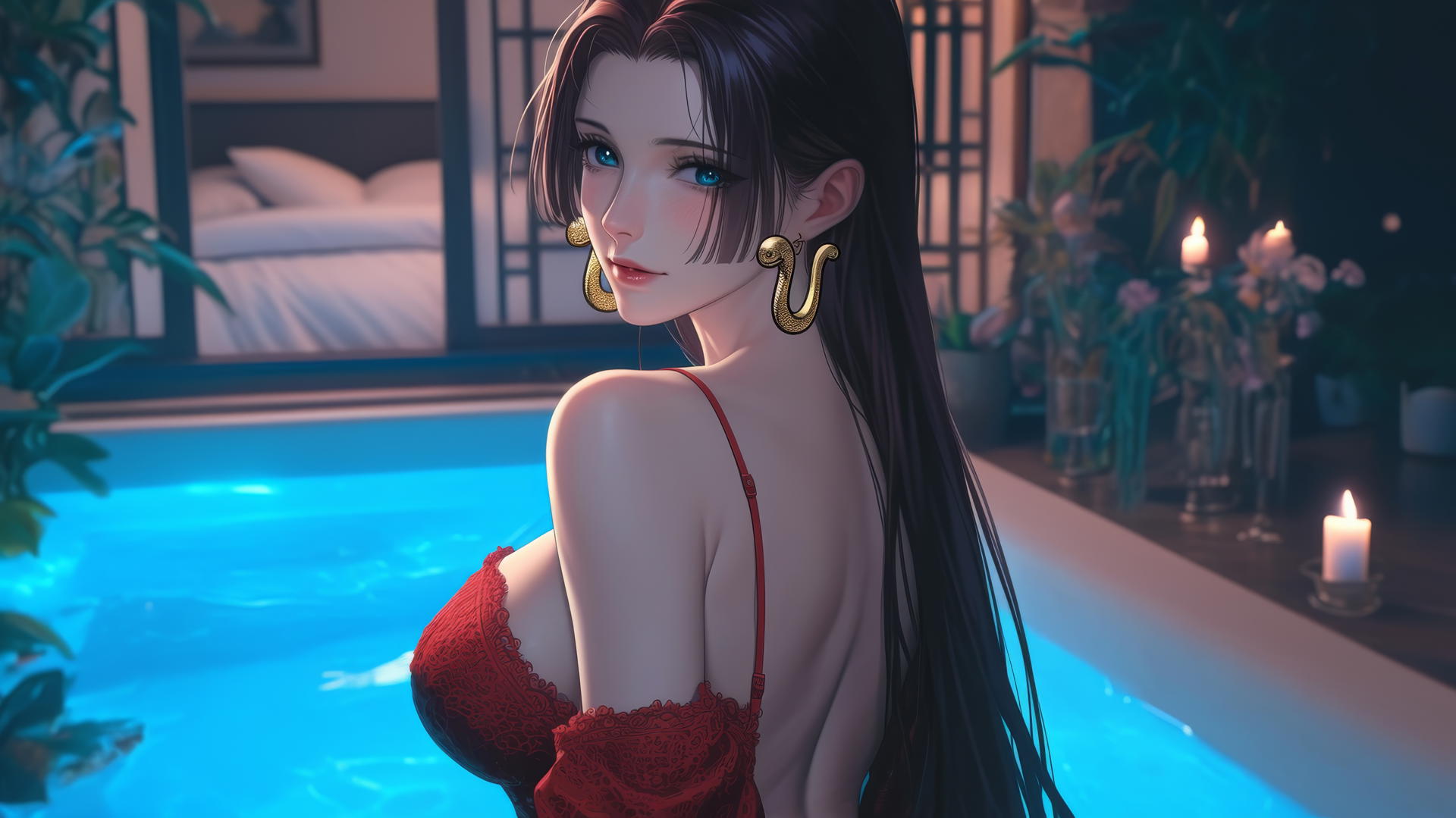 Boa Hancock from One Piece, in red, in modern apartment tub, warm light glow.