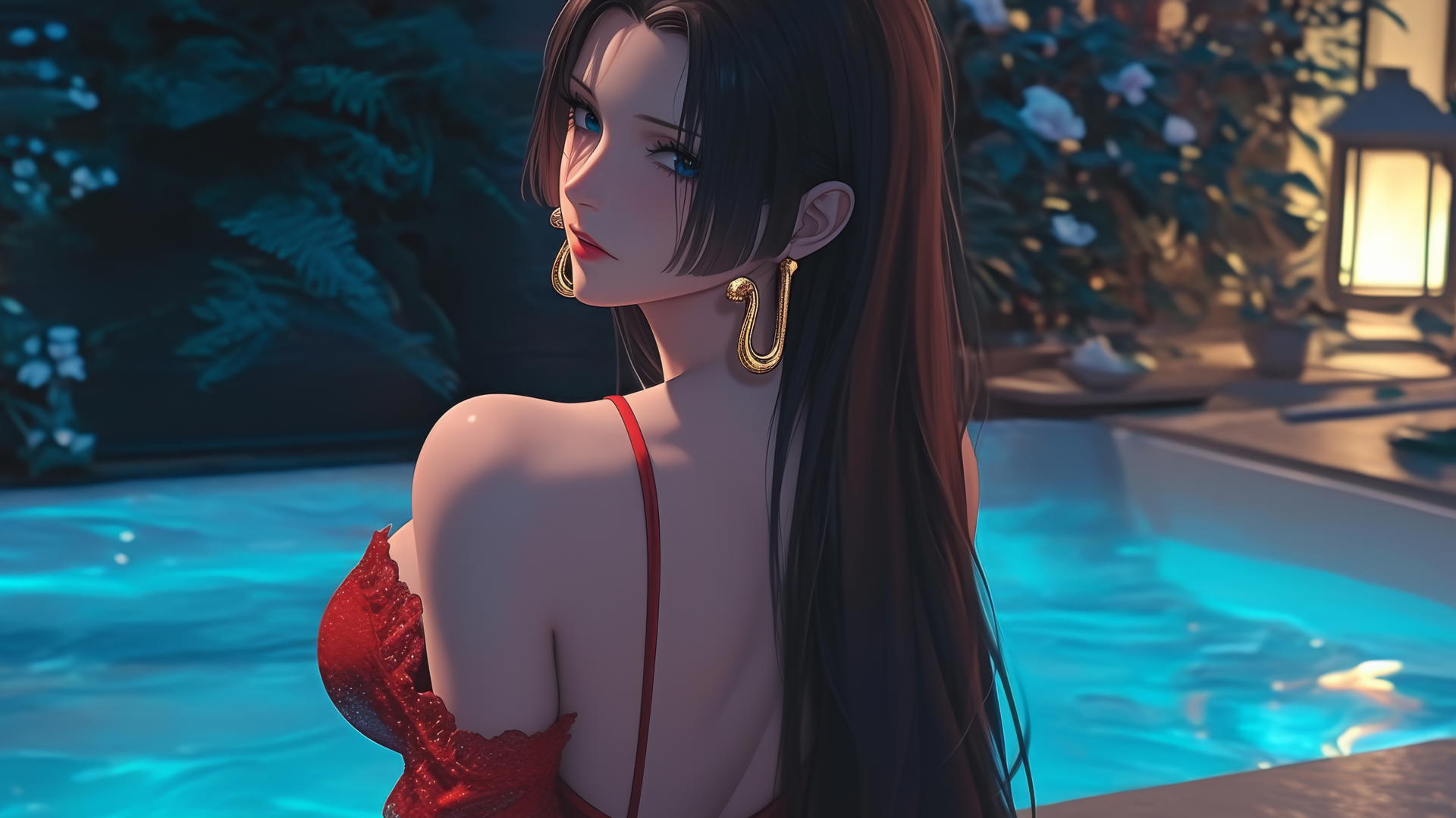 Boa Hancock from One Piece, red outfit, back view, modern apartment tub, warm light