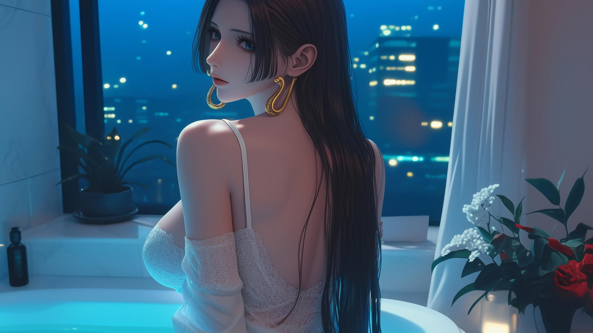 Boa Hancock in a white dress, standing at a tub in a modern apartment at sunrise.