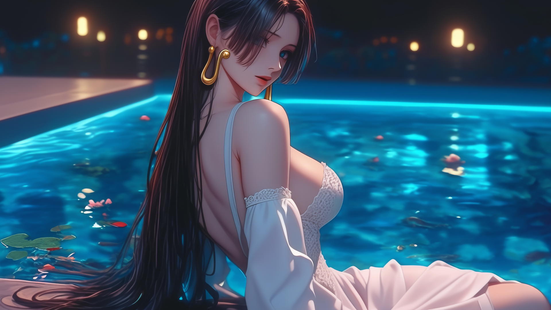 Boa Hancock from One Piece viewed from behind, in white, at modern apartment tub at sunrise.