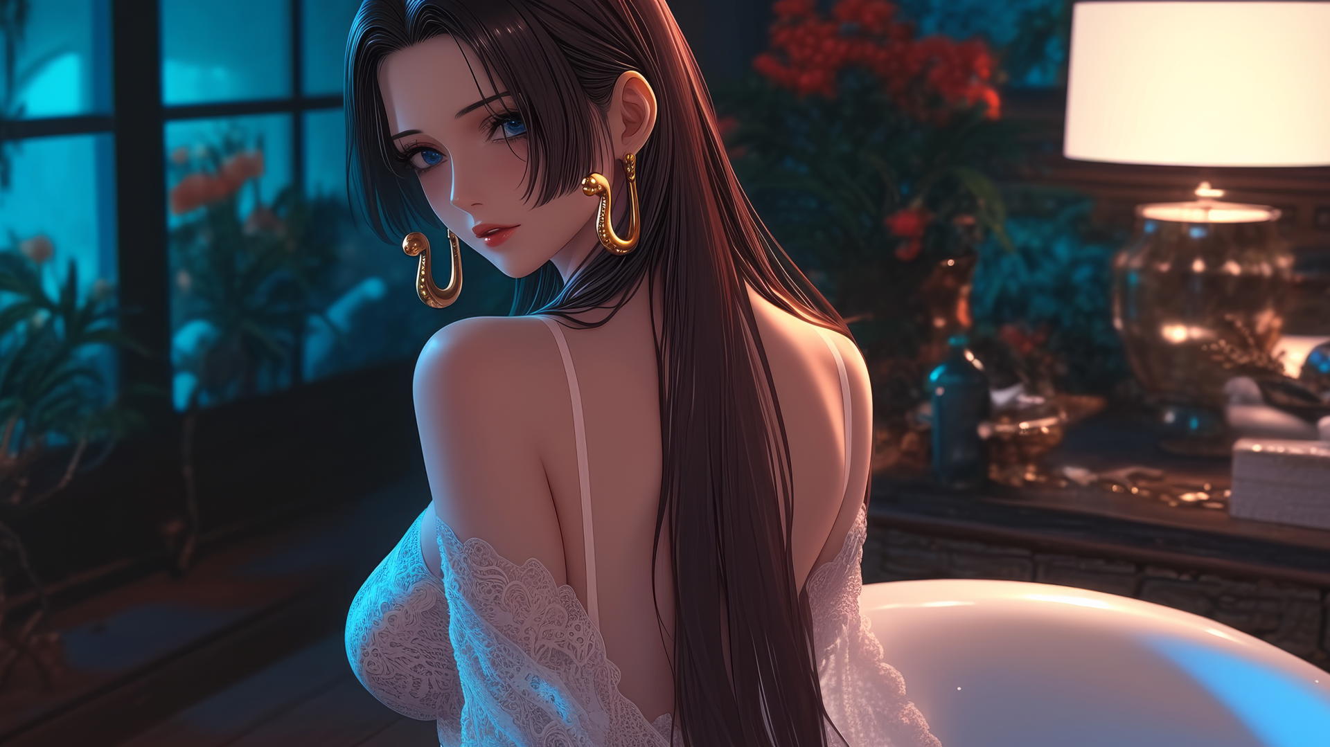Boa Hancock from One Piece in white, at a tub in a modern apartment at sunrise.