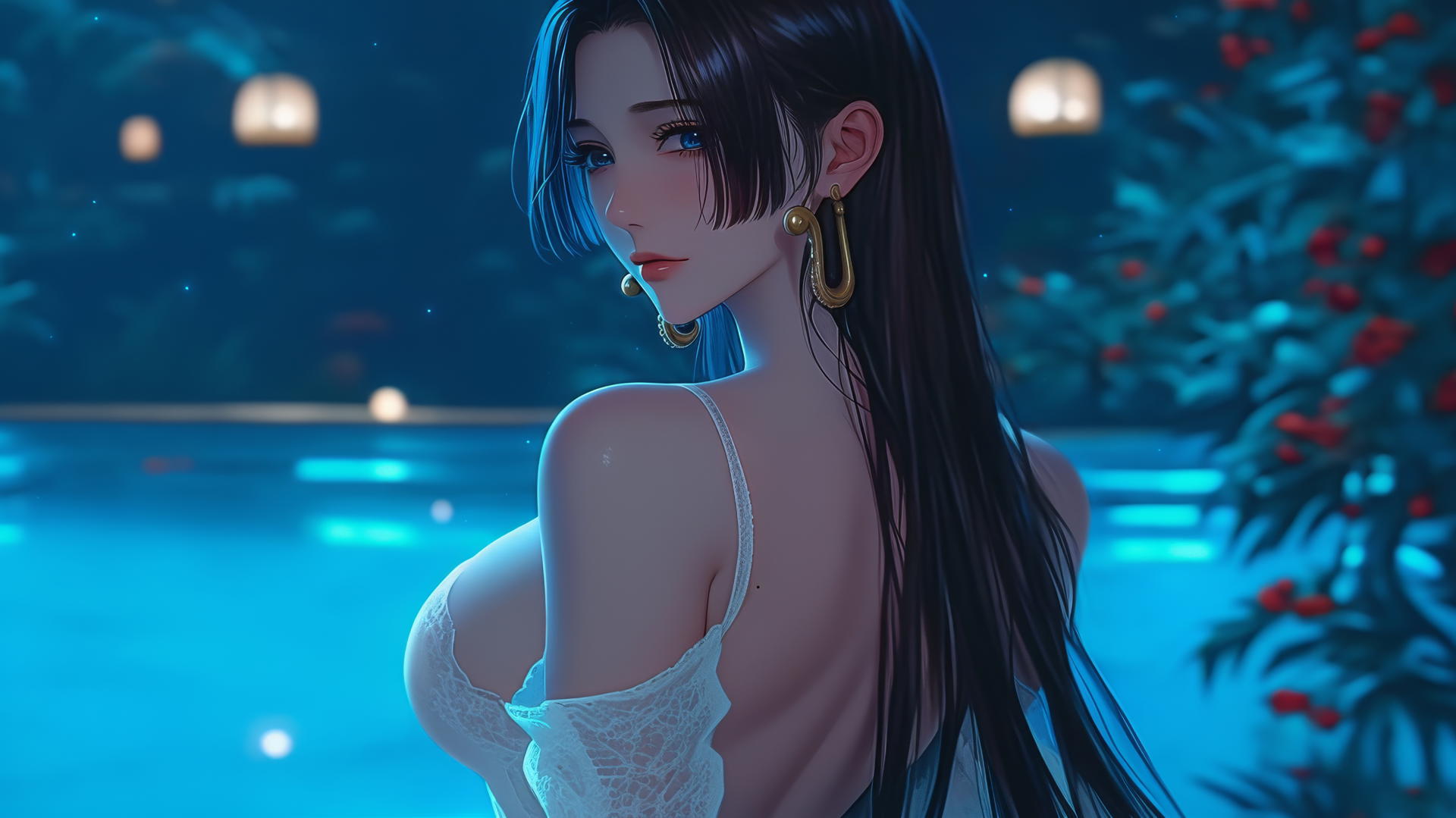 Boa Hancock from One Piece standing in a modern hotel room with neon light