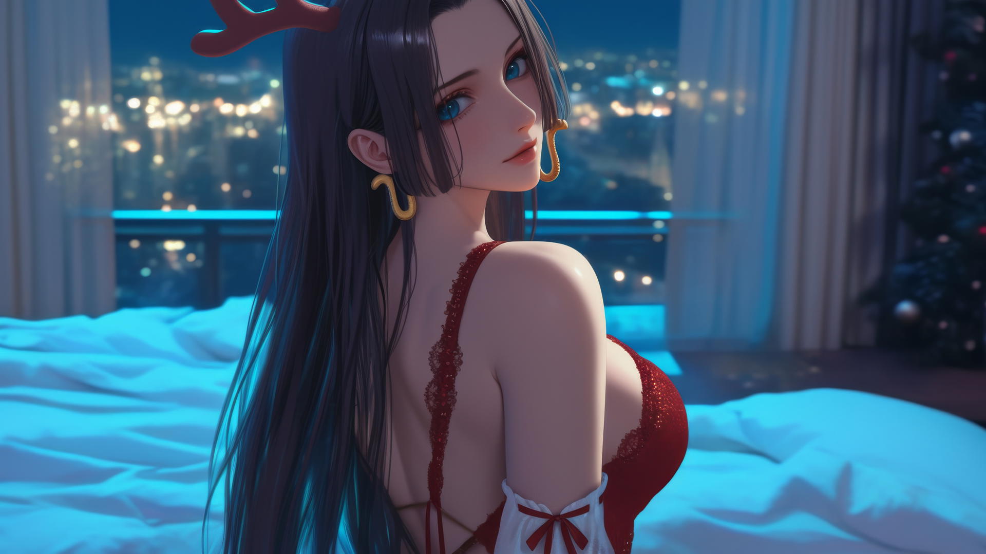 Boa Hancock in a creative red Christmas costume at a modern, decorated hotel room.