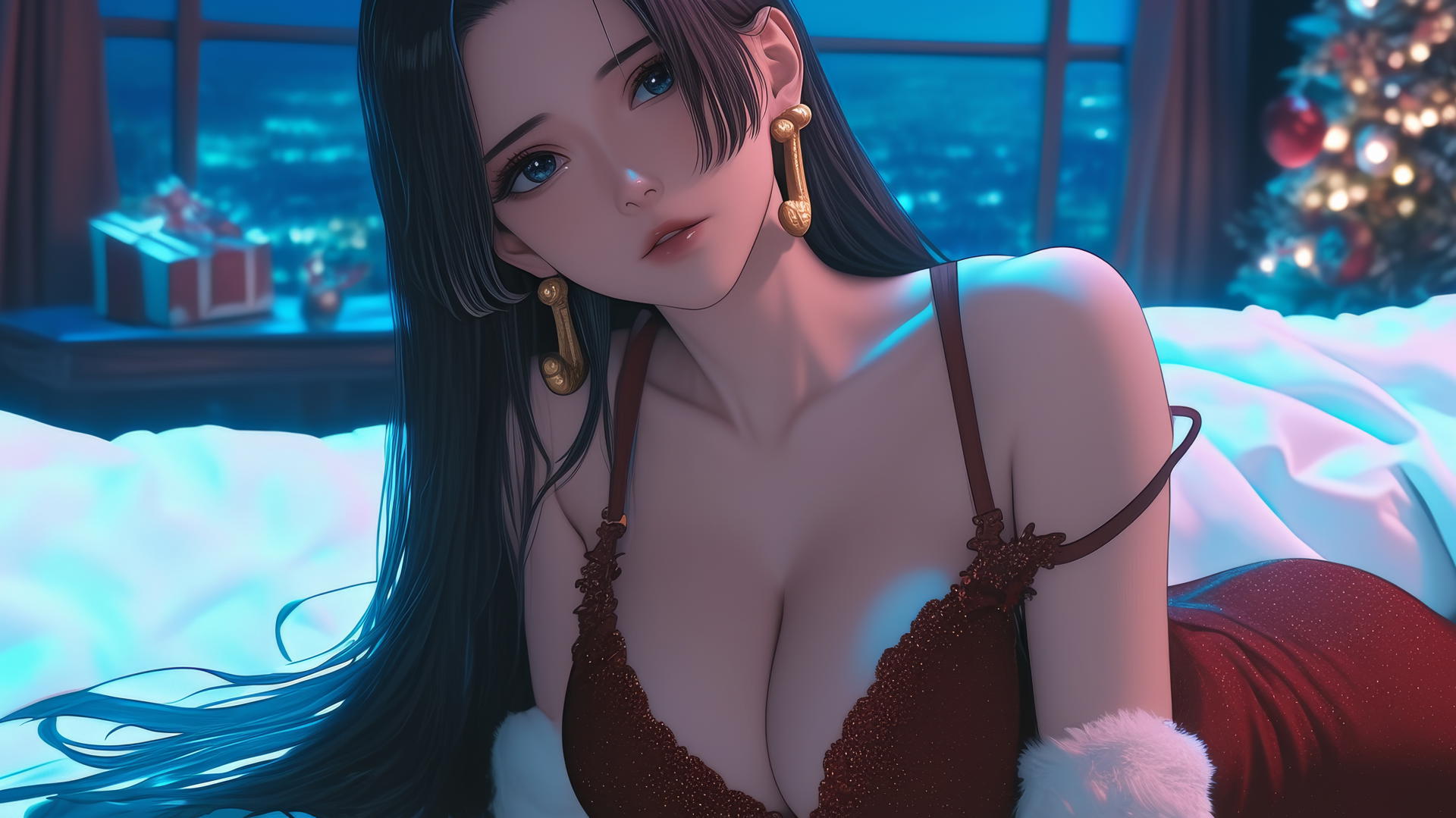 Boa Hancock in a Christmas-themed room with neon lights and red outfit