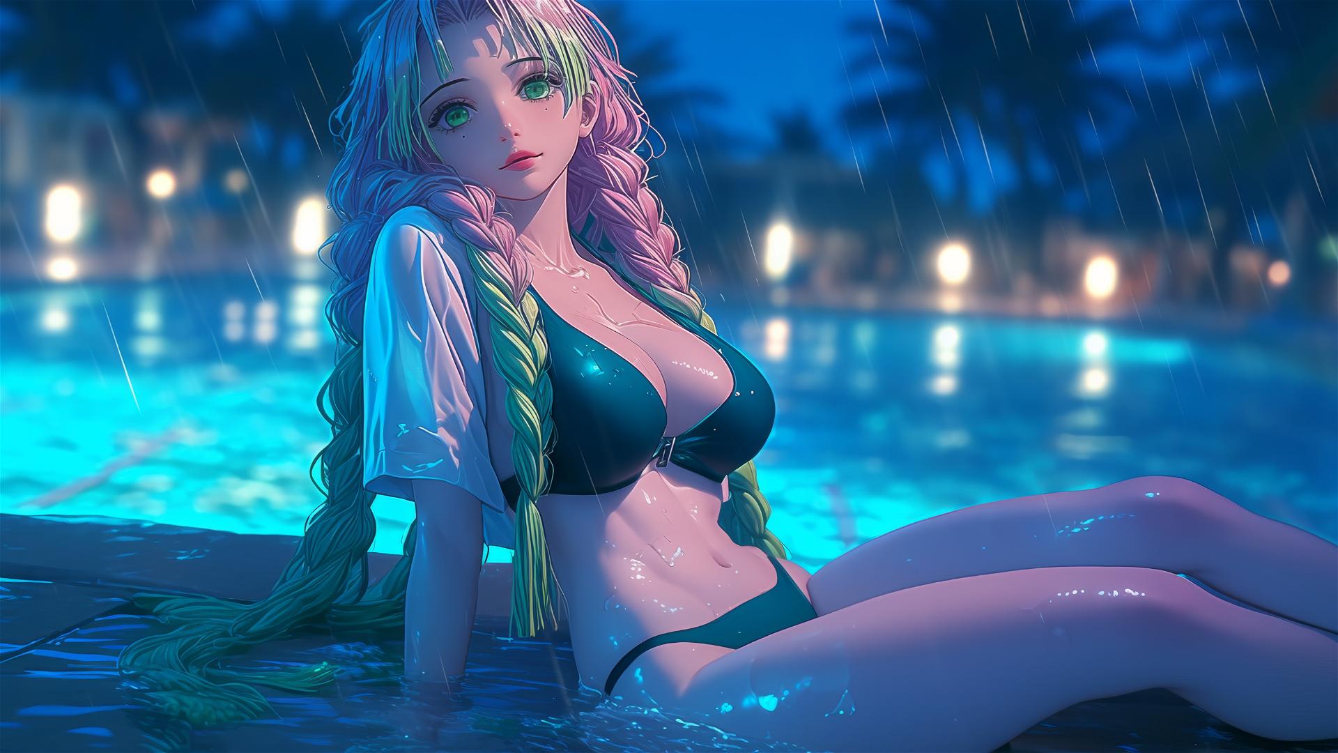 Mitsuri Kanroji from Demon Slayer resting by a rainy pool under moonlight.