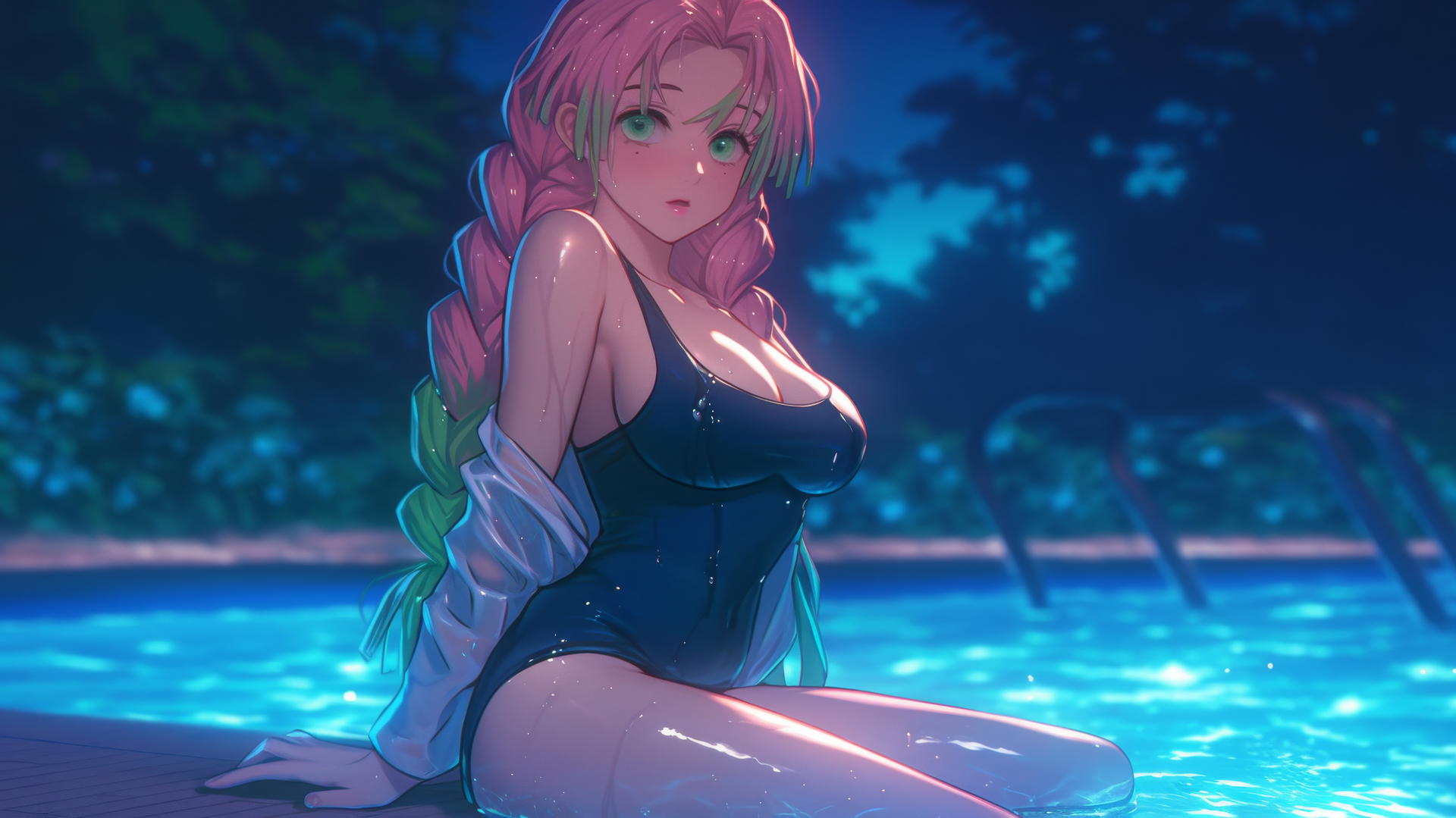 Mitsuri Kanroji resting by a rainy pool with moonlight glow, pink to green hair