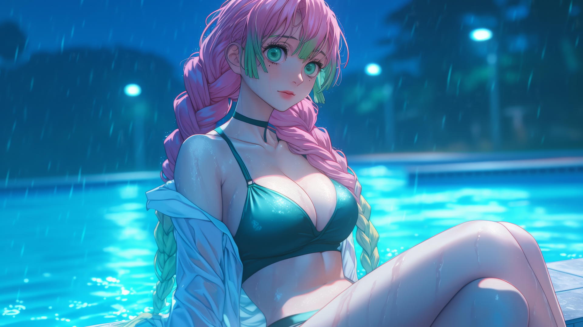 Mitsuri Kanroji resting by a rainy swimming pool under moonlight