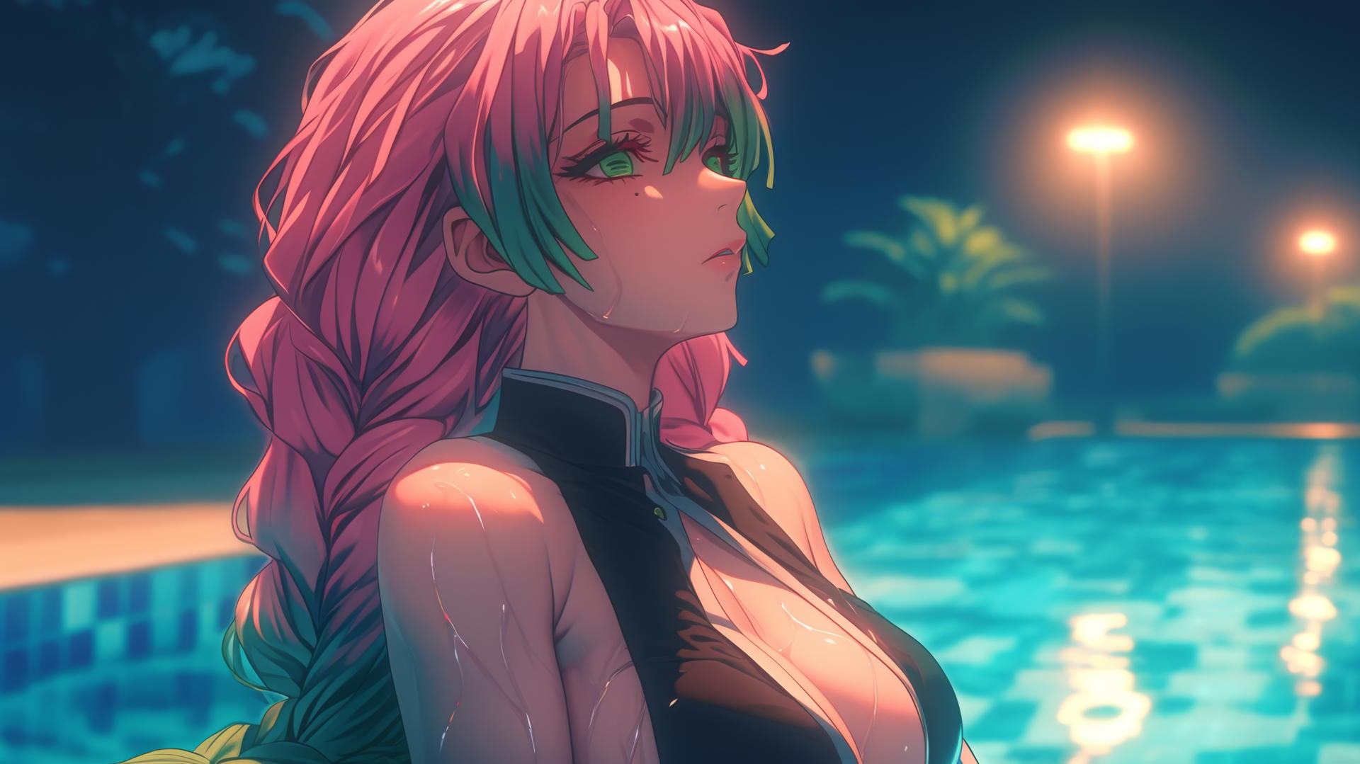 Mitsuri Kanroji resting by a rainy pool under moonlight with pink to green hair.