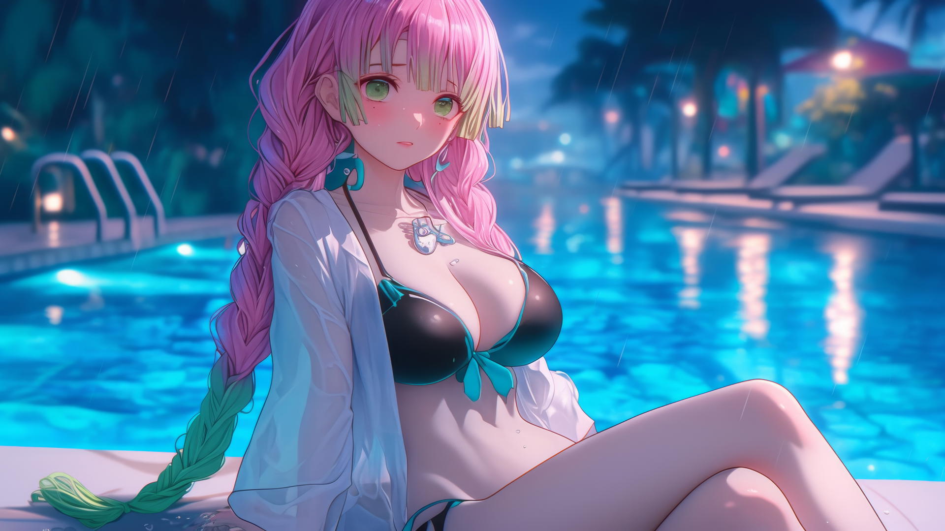 Mitsuri Kanroji from Demon Slayer resting by a rainy swimming pool under moonlight, pink and green hair.