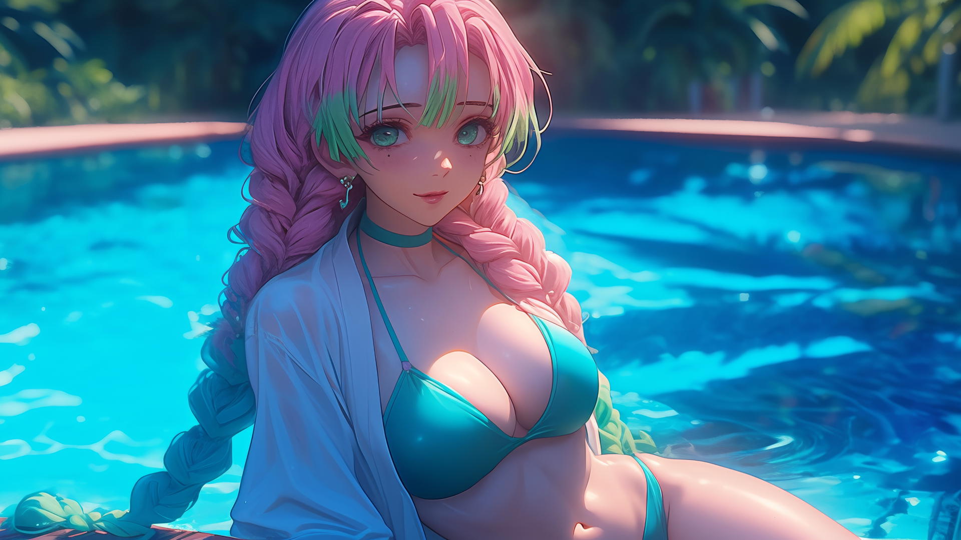Mitsuri Kanroji rests by a rainy swimming pool under moonlight. Pink to green hair.