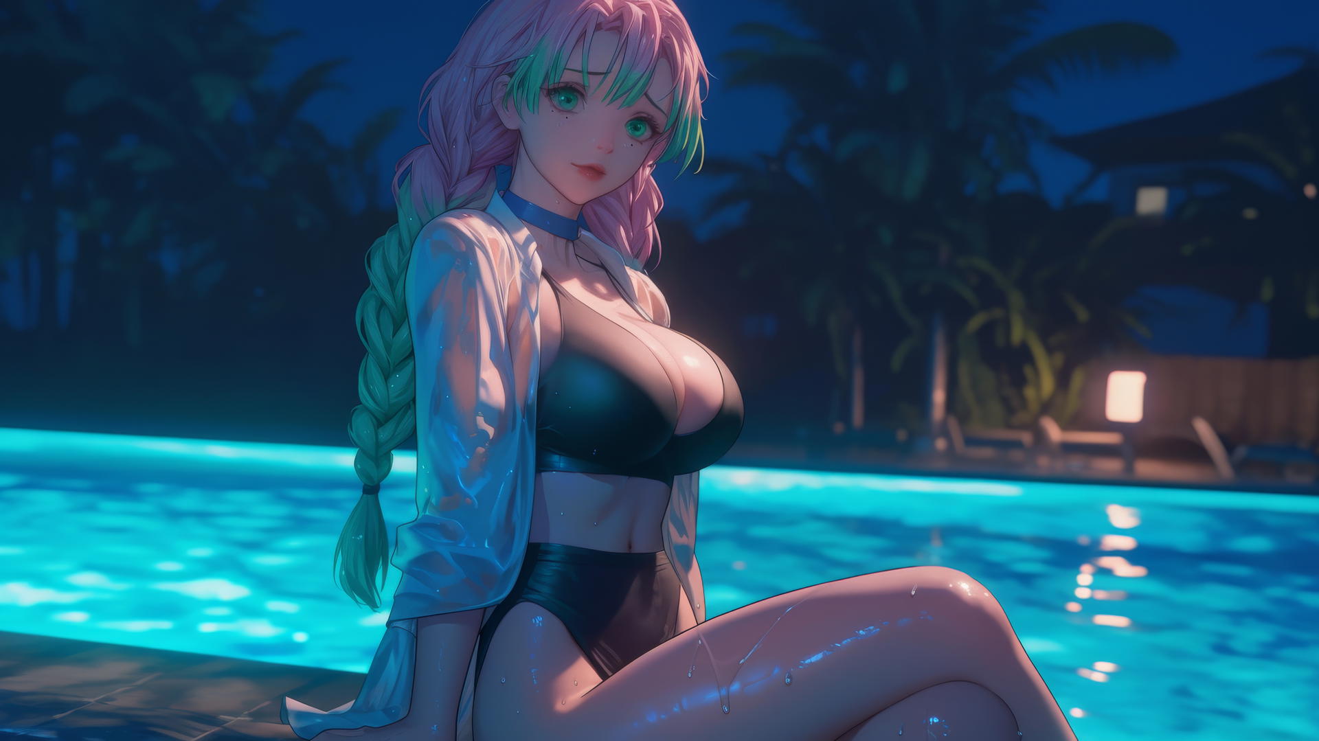 Mitsuri Kanroji from Demon Slayer resting by a rainy swimming pool under moonlight