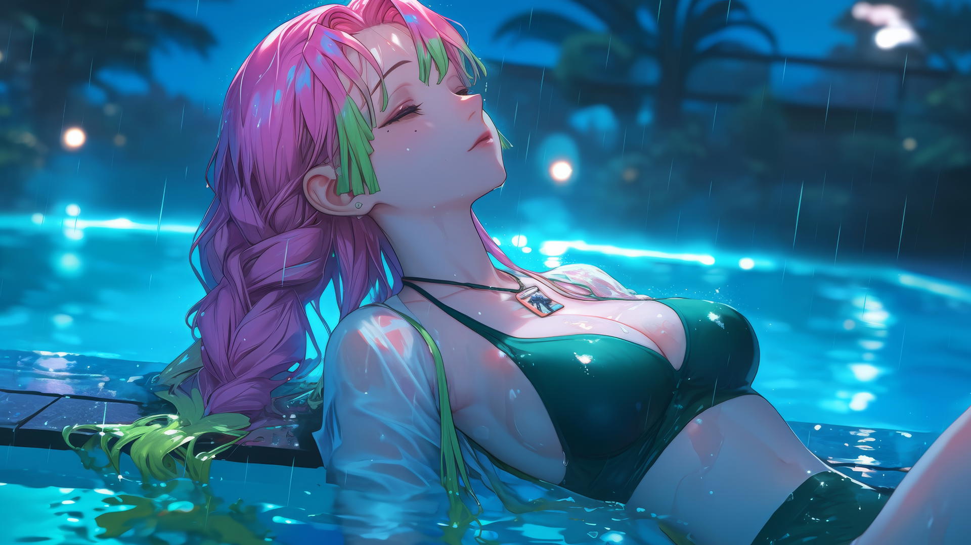 Mitsuri Kanroji resting by a rainy swimming pool under moonlight