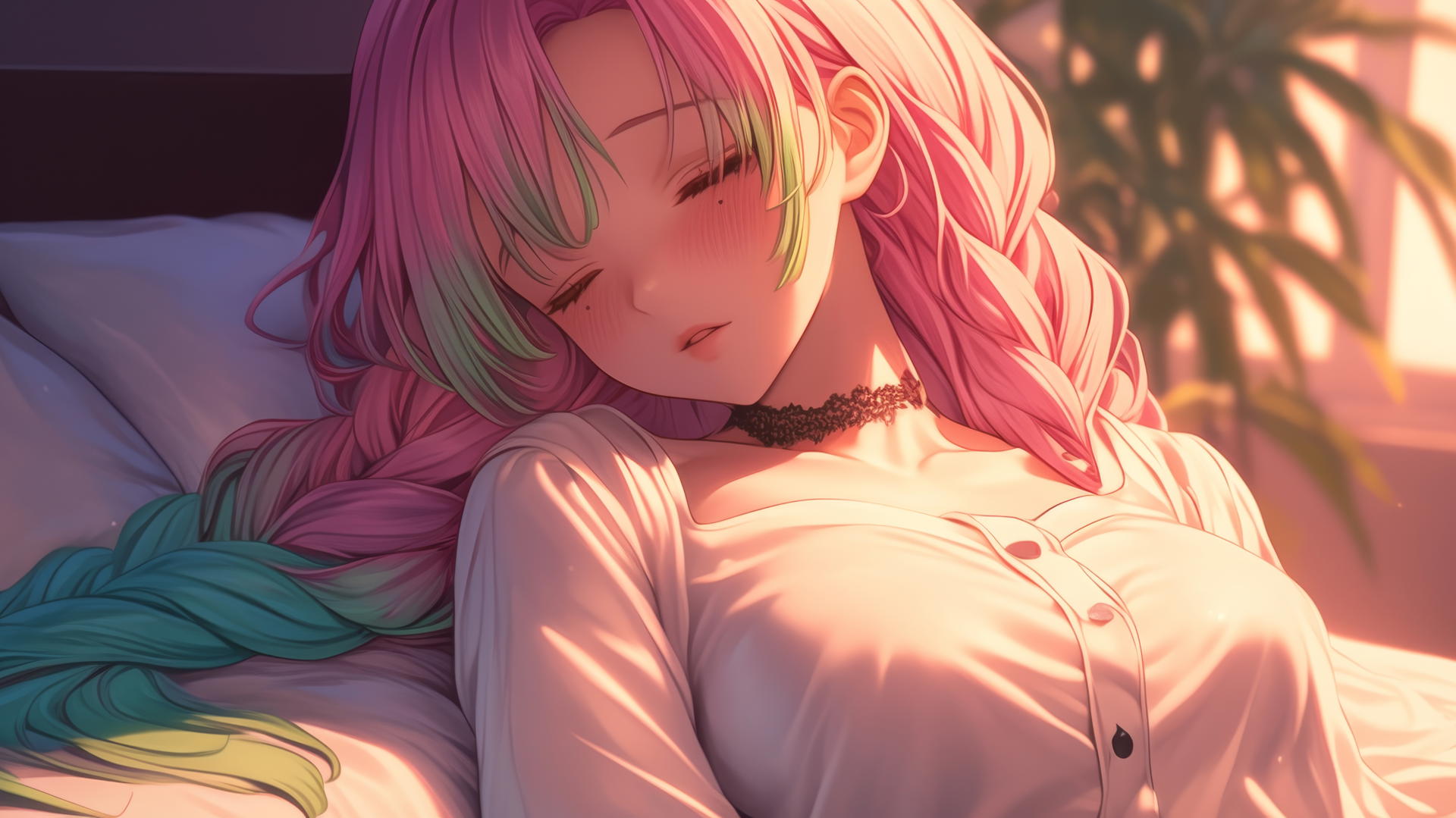 Mitsuri Kanroji from Demon Slayer resting in a modern hotel room with moonlight.