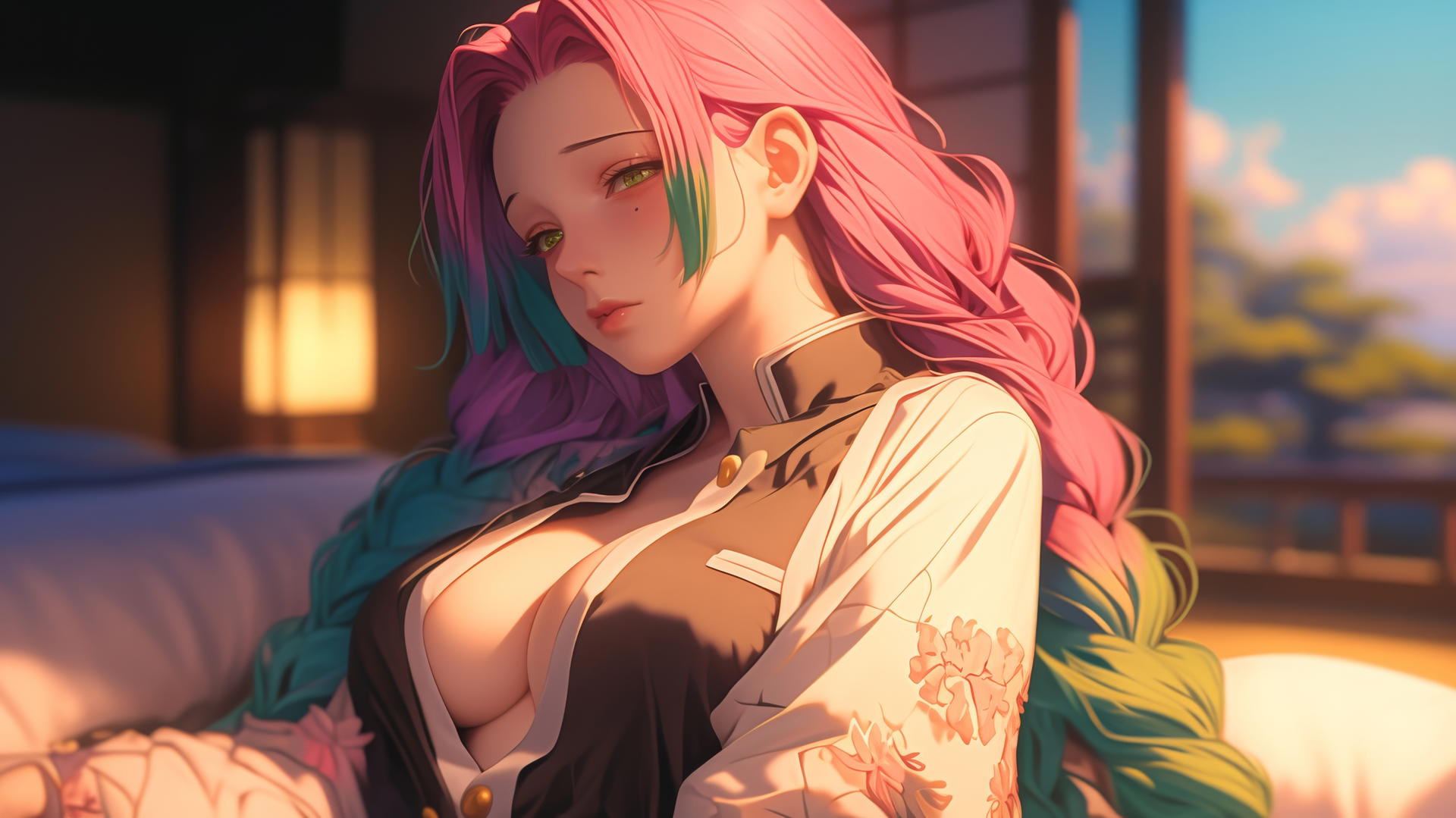 Mitsuri Kanroji from Demon Slayer resting in a modern hotel room under moonlight.