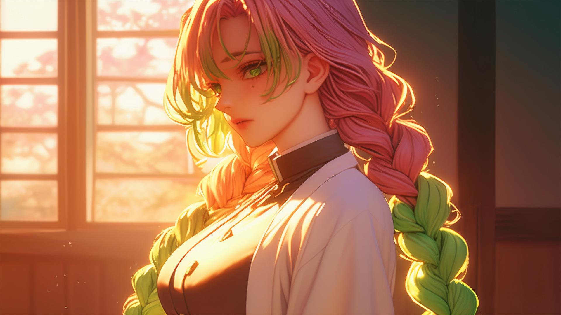 Mitsuri Kanroji from Demon Slayer standing in her house at sunrise with pink to lime green hair.