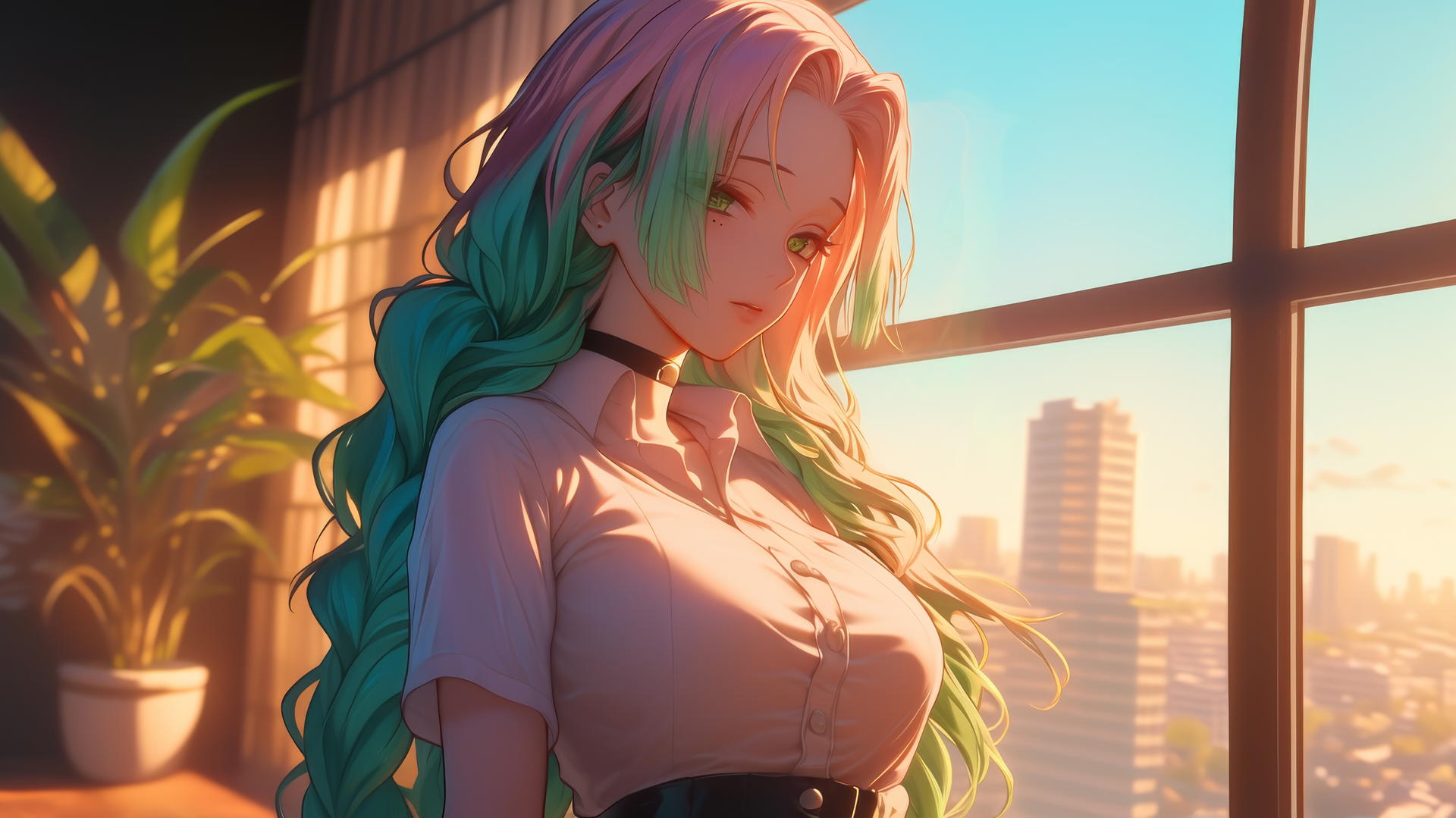 Mitsuri Kanroji from Demon Slayer standing by a modern apartment window at sunrise