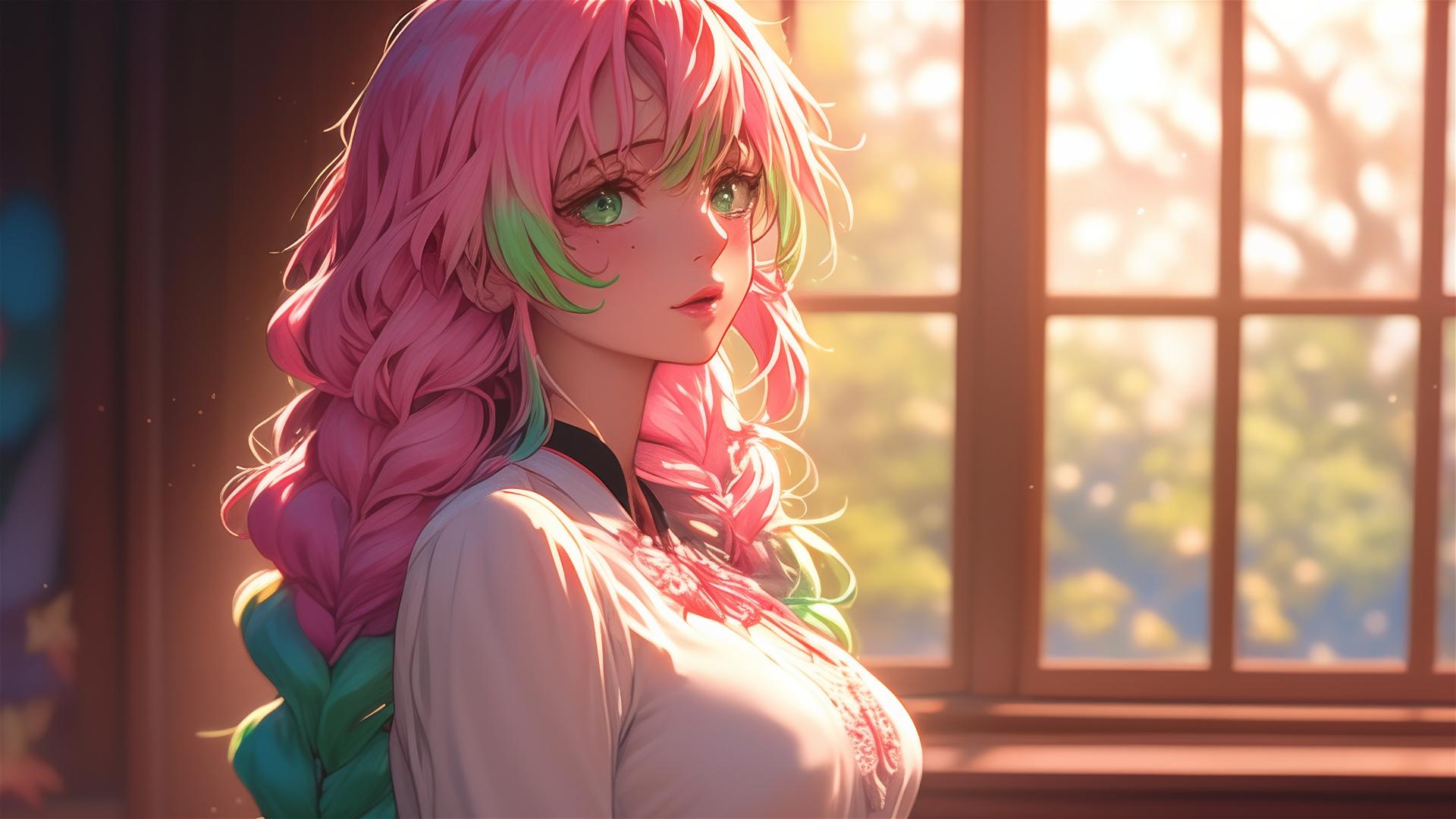 Mitsuri Kanroji from Demon Slayer standing by a modern apartment window at sunrise