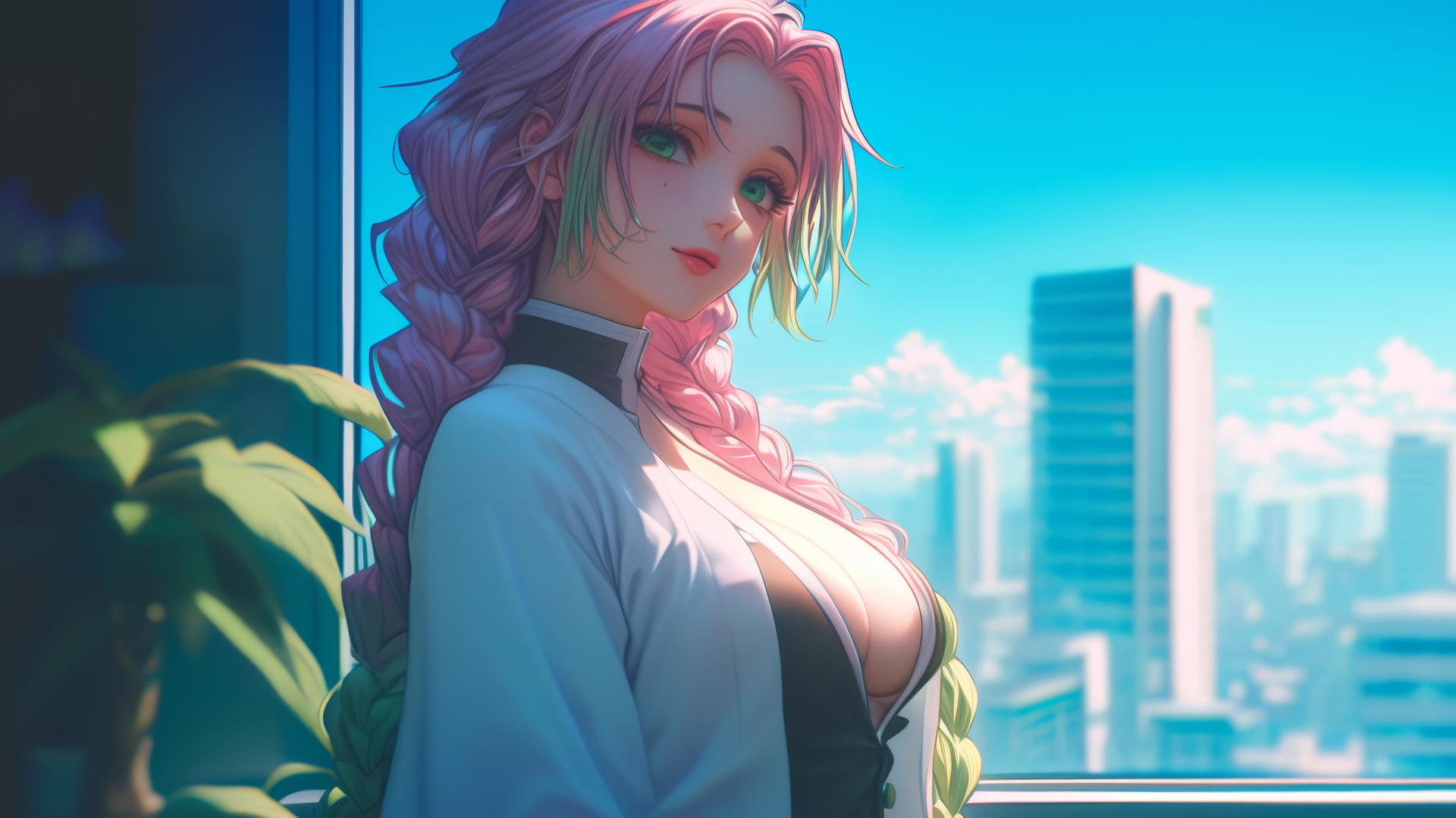 Mitsuri Kanroji standing by a modern apartment window at sunrise with pink to lime green hair.