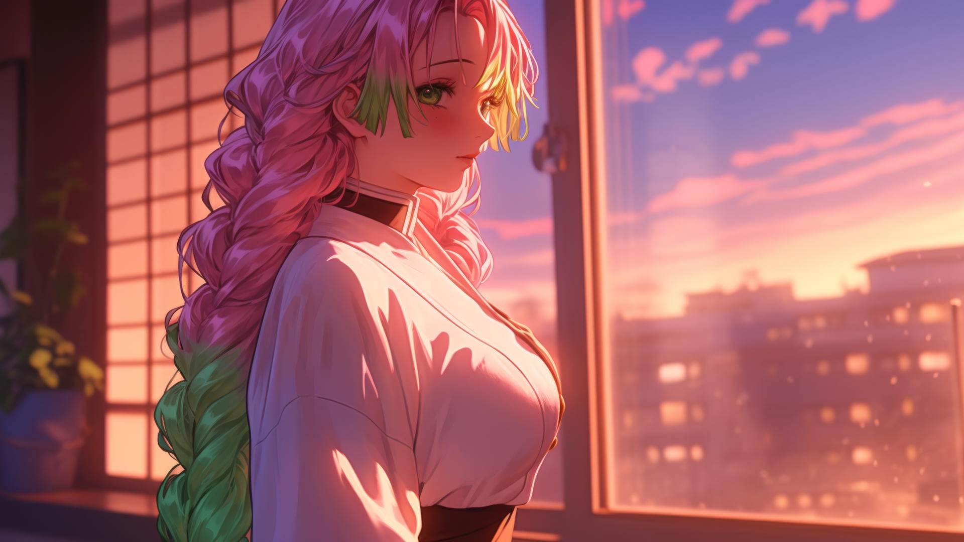 Mitsuri Kanroji from Demon Slayer standing by modern apartment window at sunrise.