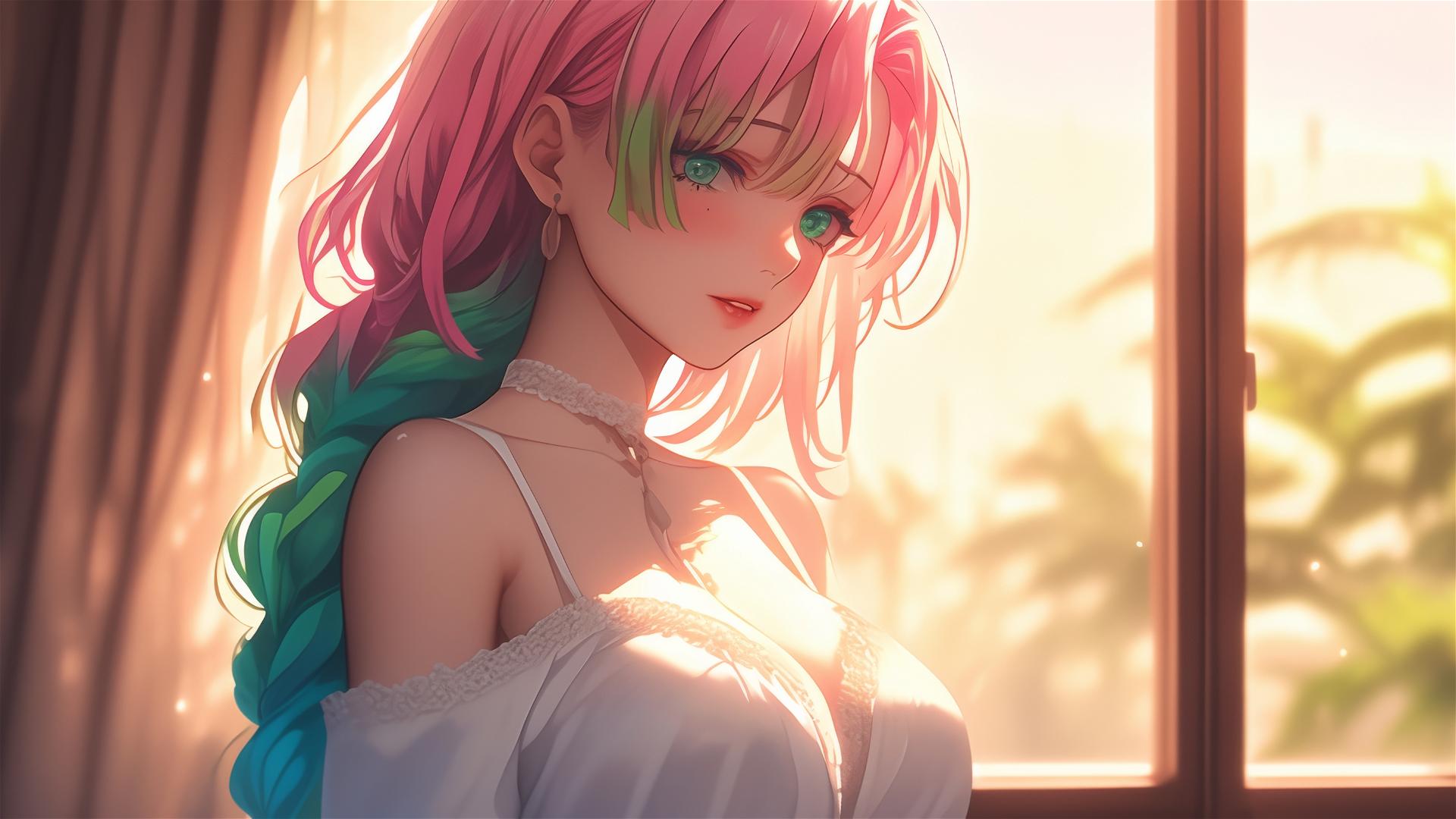 Mitsuri Kanroji from Demon Slayer standing by a modern apartment window at sunrise