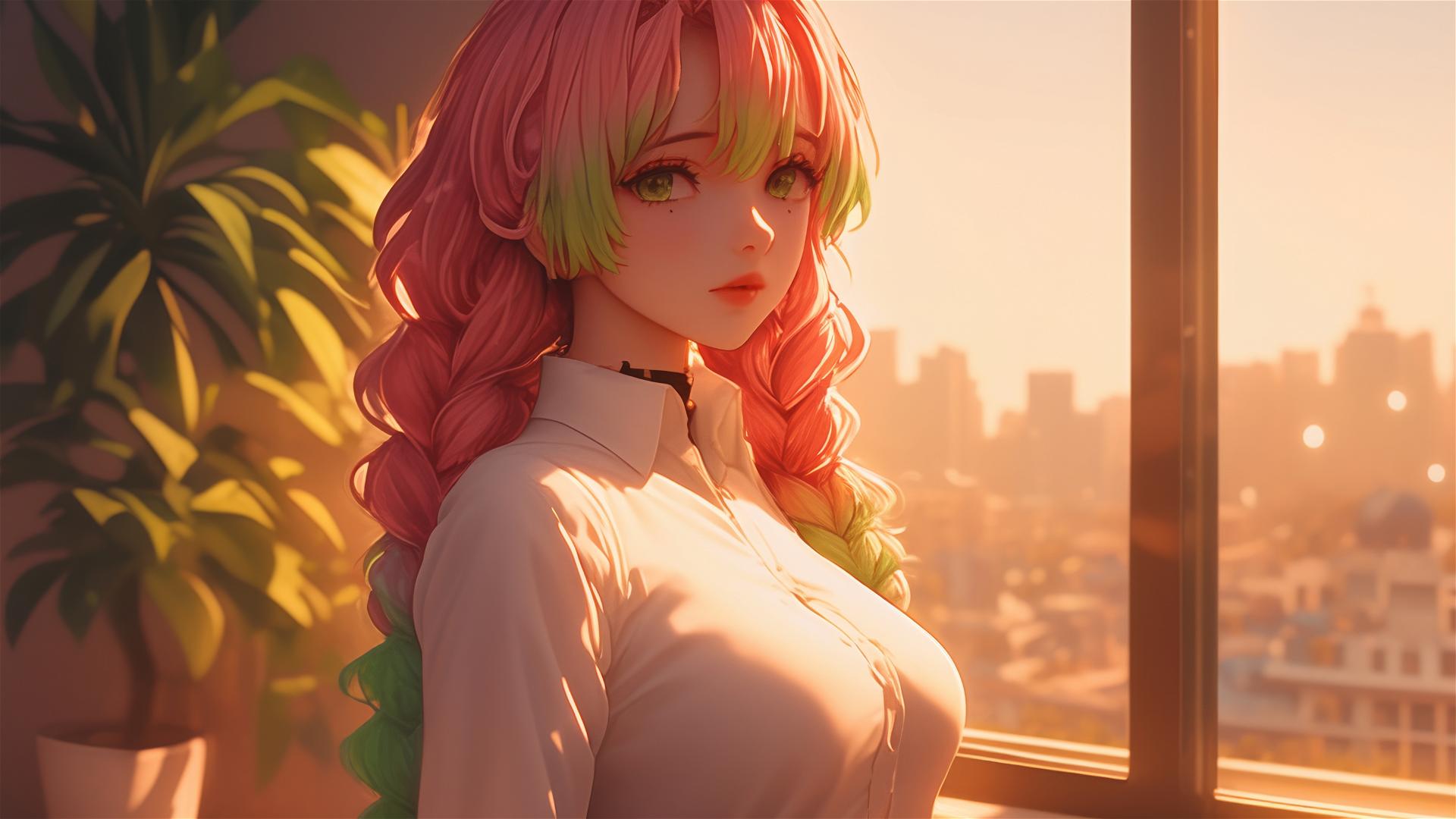 Mitsuri Kanroji by modern apartment window at sunrise with soft warm light