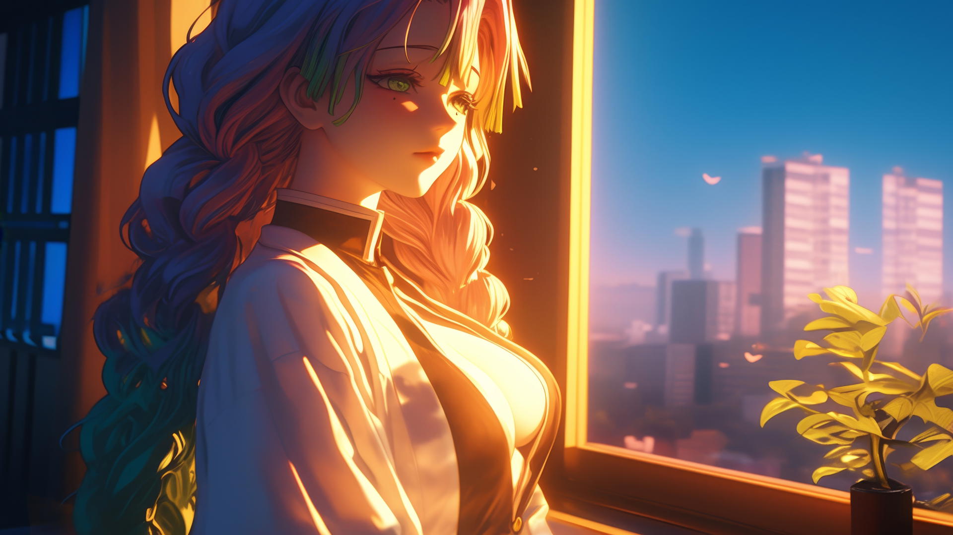Mitsuri Kanroji from Demon Slayer stands by a modern apartment window at sunrise with soft glowing light.