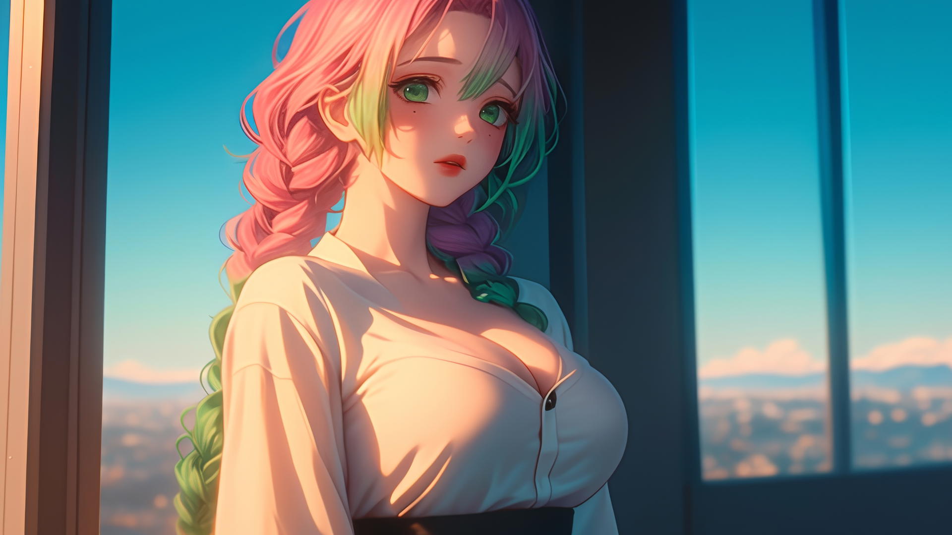 Mitsuri Kanroji from Demon Slayer standing by a modern apartment window at sunrise, with light pink hair fading to lime green.