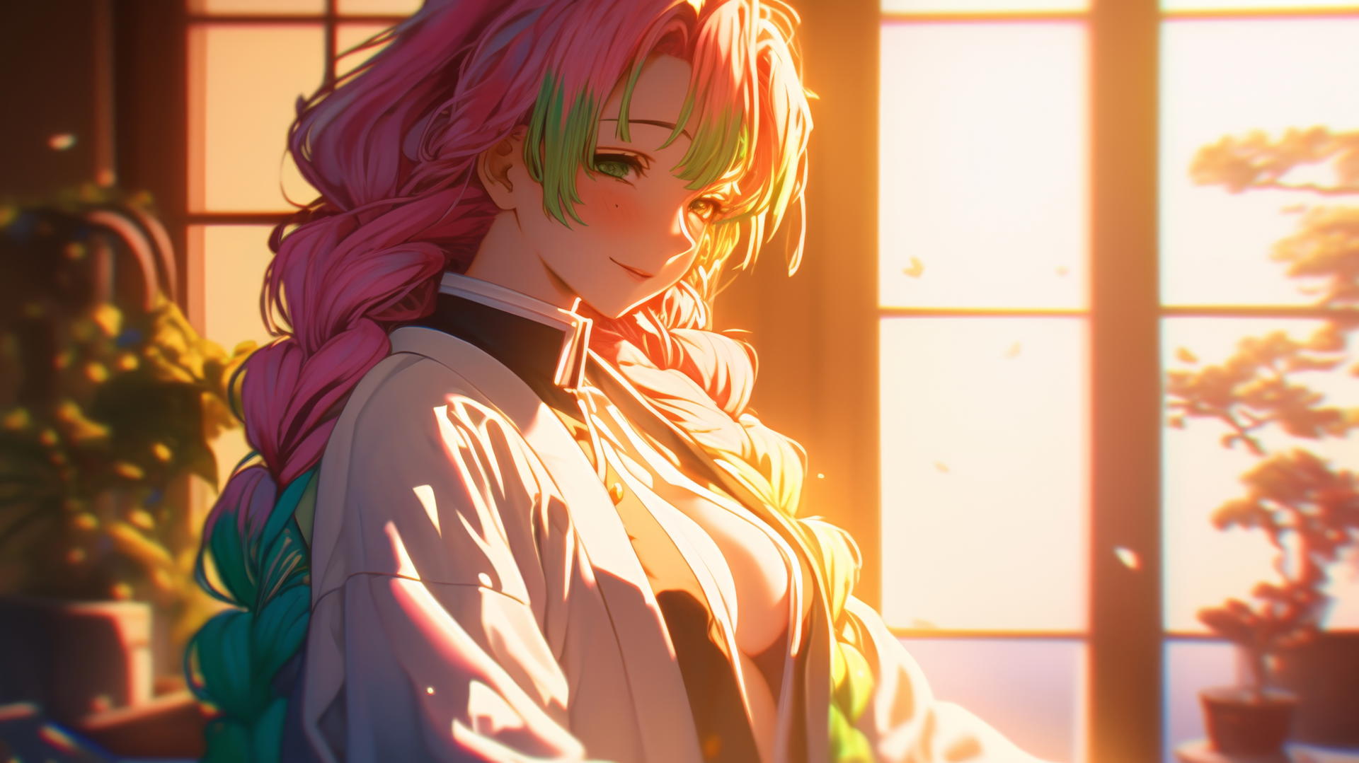 Mitsuri Kanroji from Demon Slayer standing by modern apartment window at sunrise