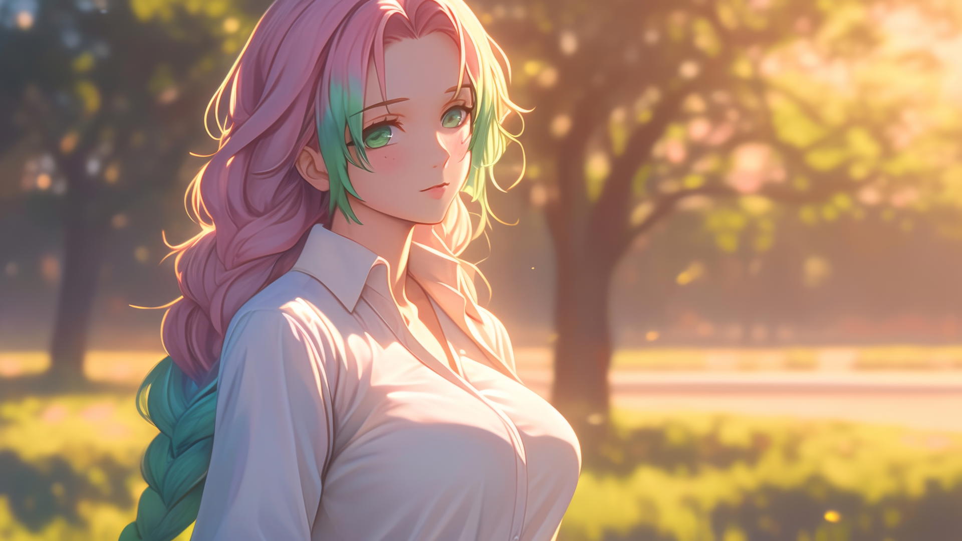 Mitsuri Kanroji from Demon Slayer running in a modern park at sunrise, with pink to lime green hair.