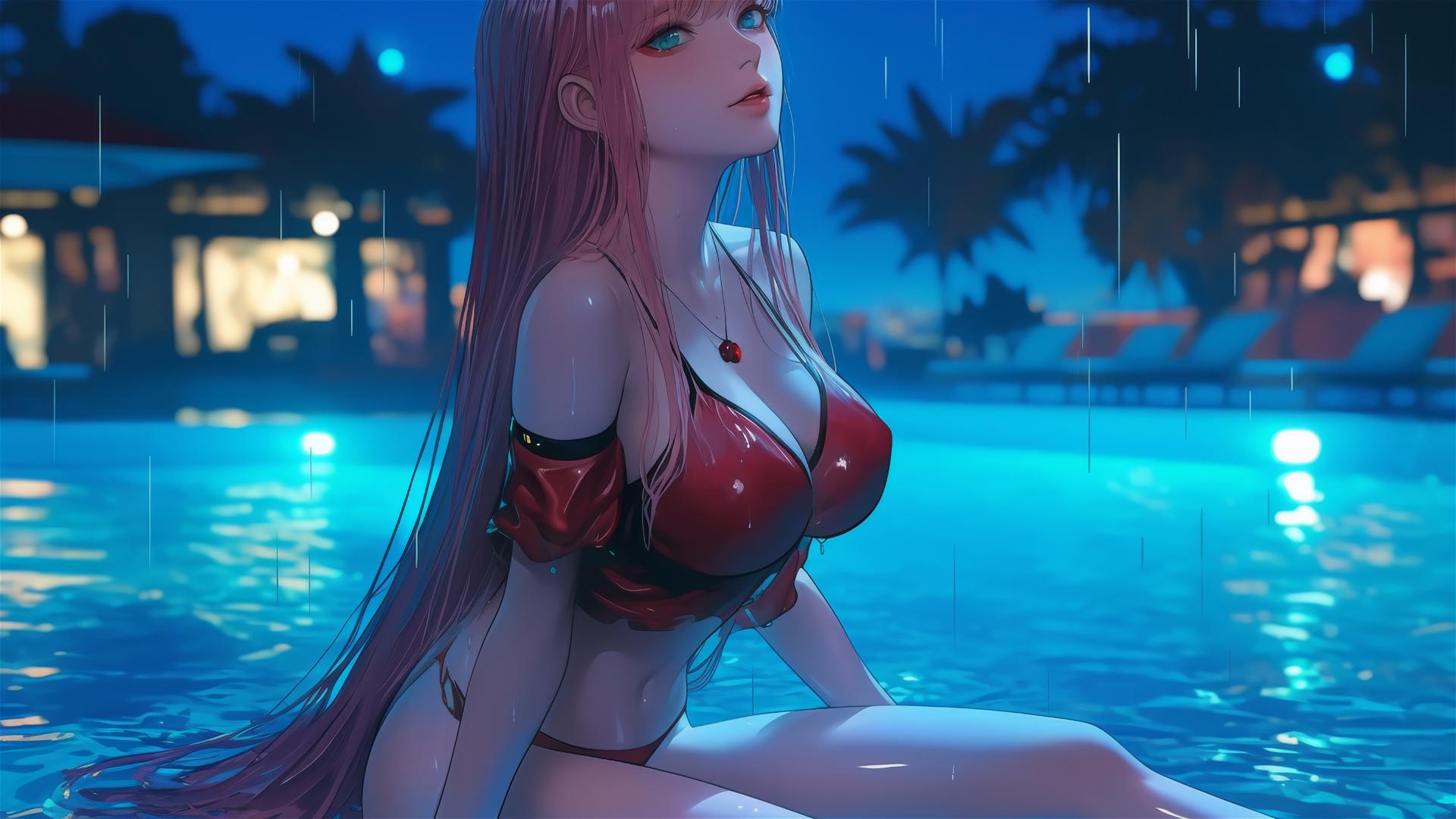 Zero Two from DARLING in the FRANXX resting by a rainy swimming pool with moonlight.