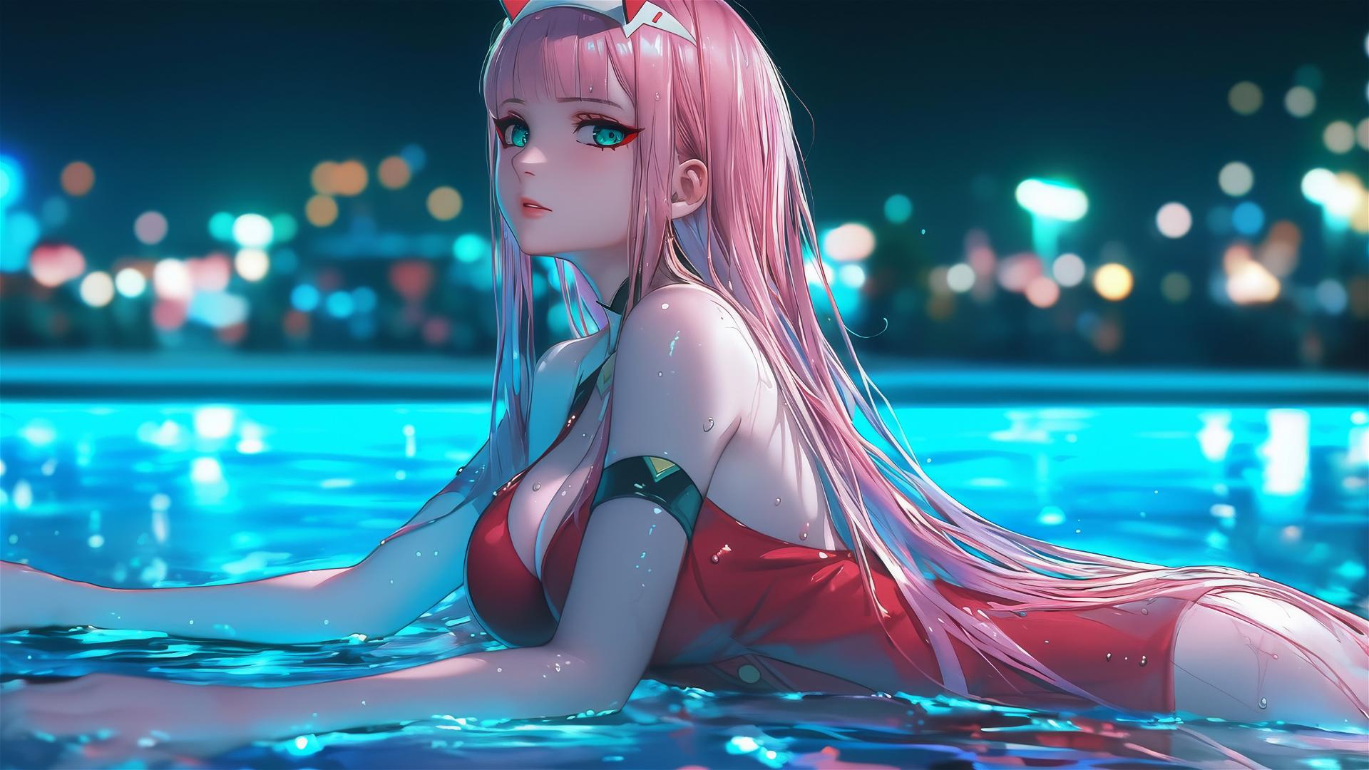Zero Two resting by a rainy pool under moonlight