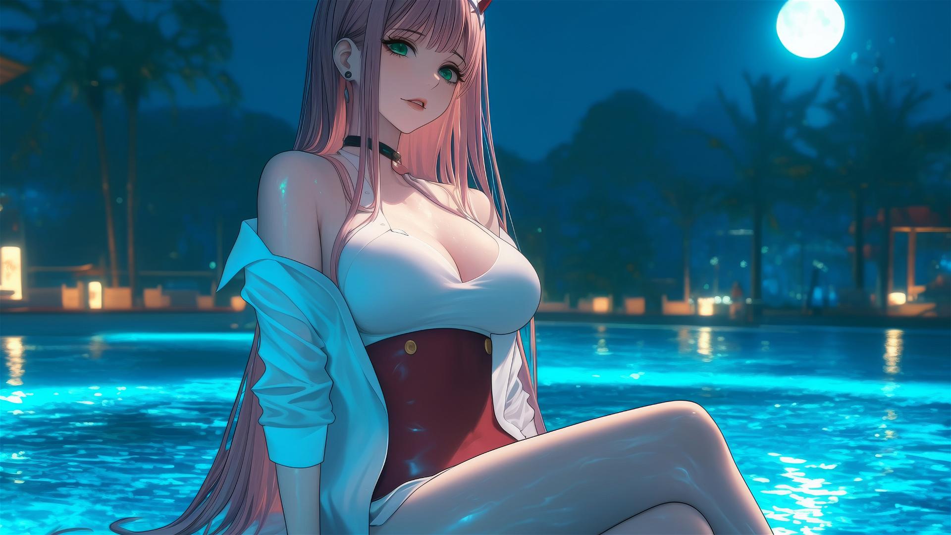 Zero Two from DARLING in the FRANXX resting by a rainy swimming pool under moonlight with long pink hair.
