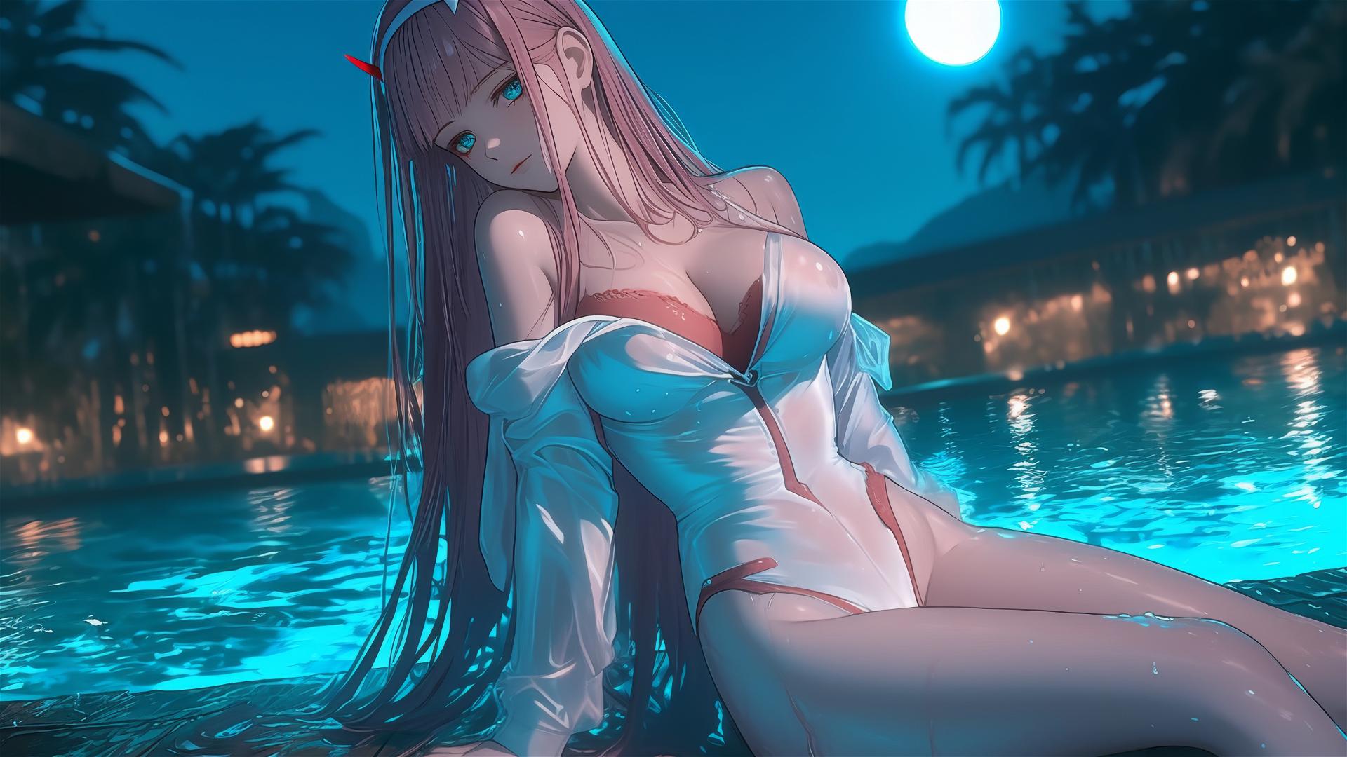 Zero Two from DARLING in the FRANXX by a rainy swimming pool, moonlight glow