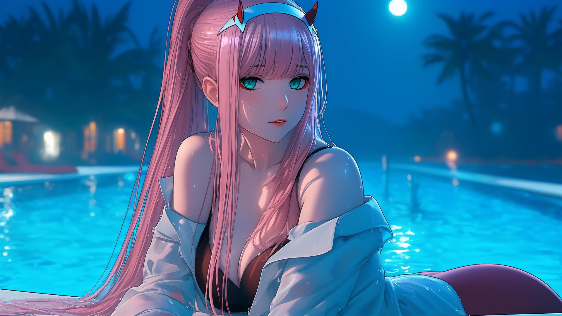 Zero Two from DARLING in the FRANXX resting by a rainy swimming pool, bathed in moonlight.
