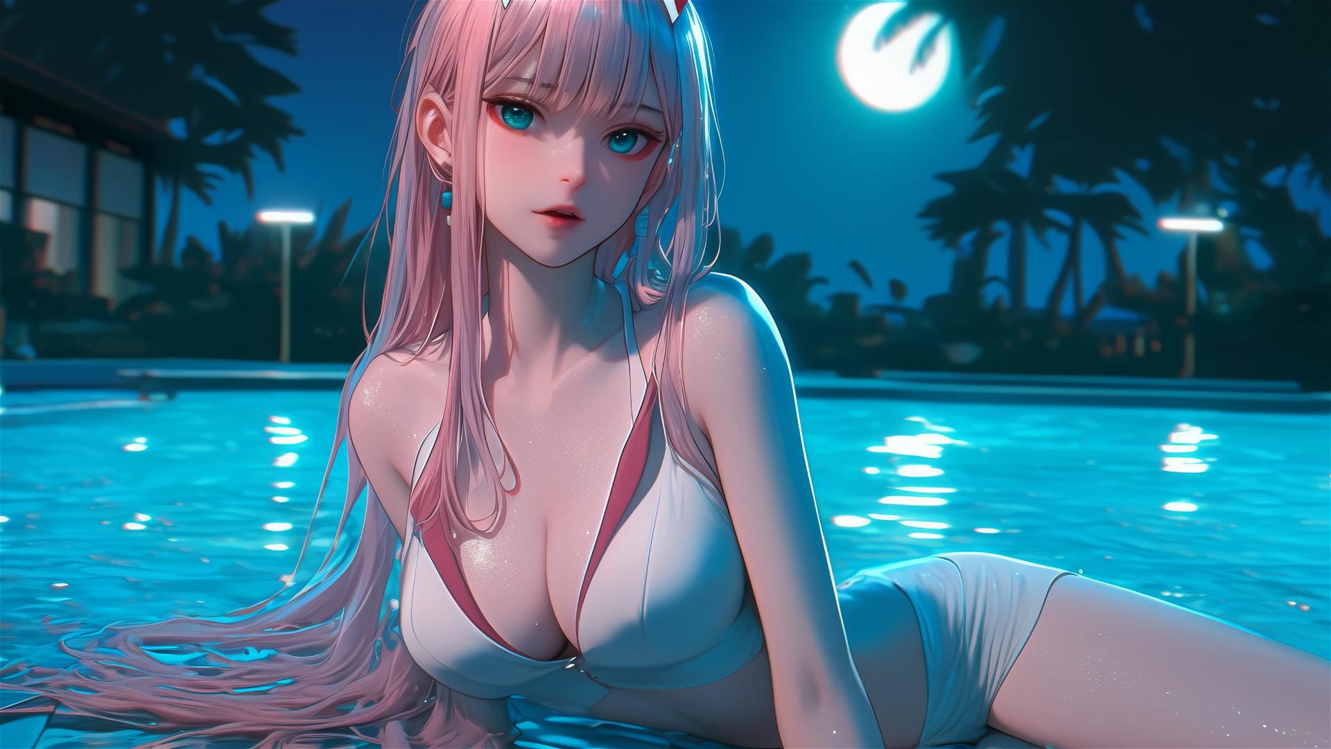 Zero Two from DARLING in the FRANXX resting by a rainy swimming pool under moonlight.