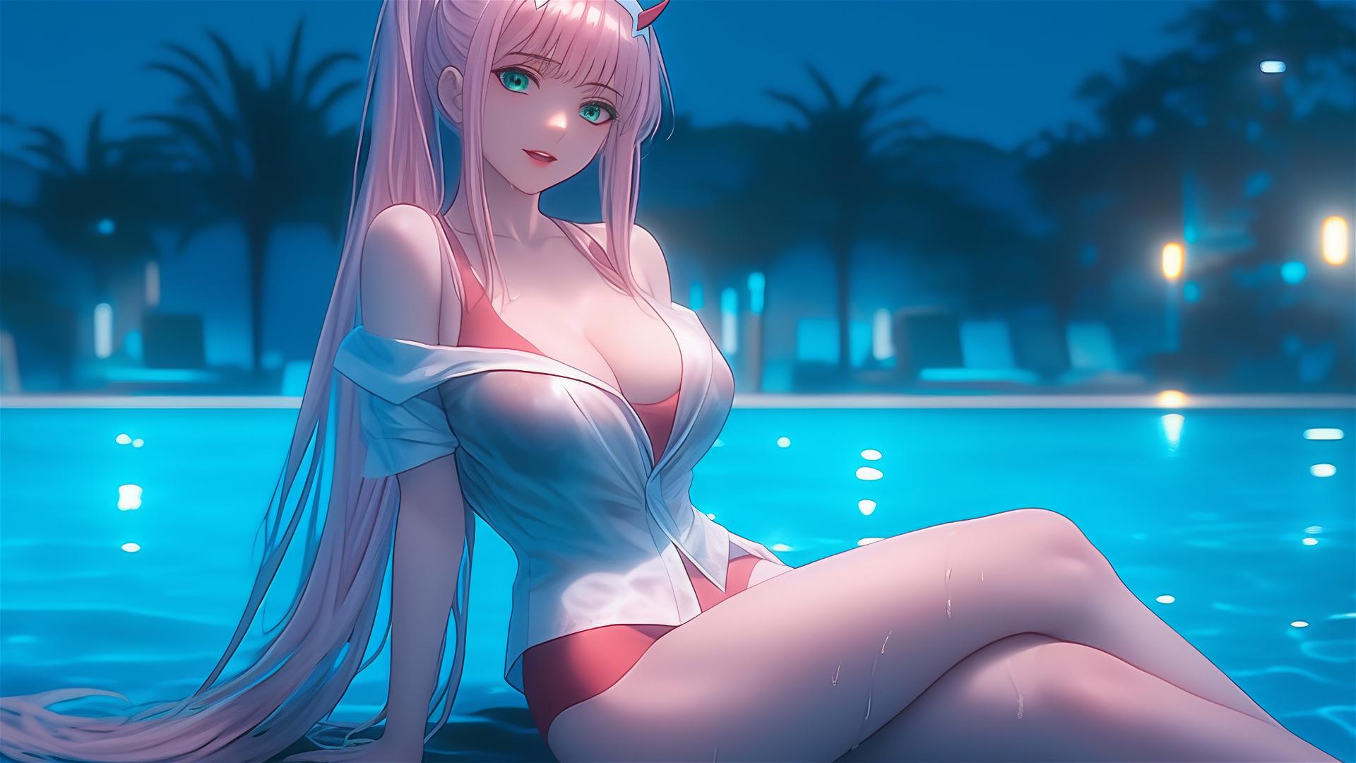 Zero Two from DARLING in the FRANXX resting by a rainy swimming pool under moonlight.