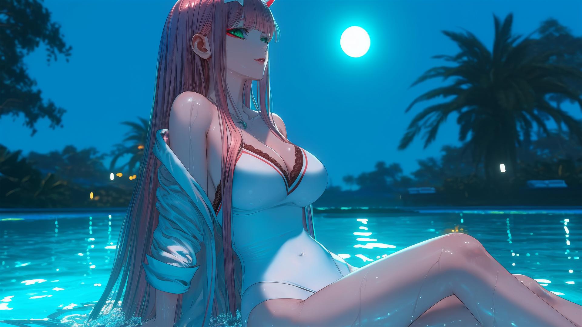 Zero Two from DARLING in the FRANXX resting by a rainy swimming pool under moonlight
