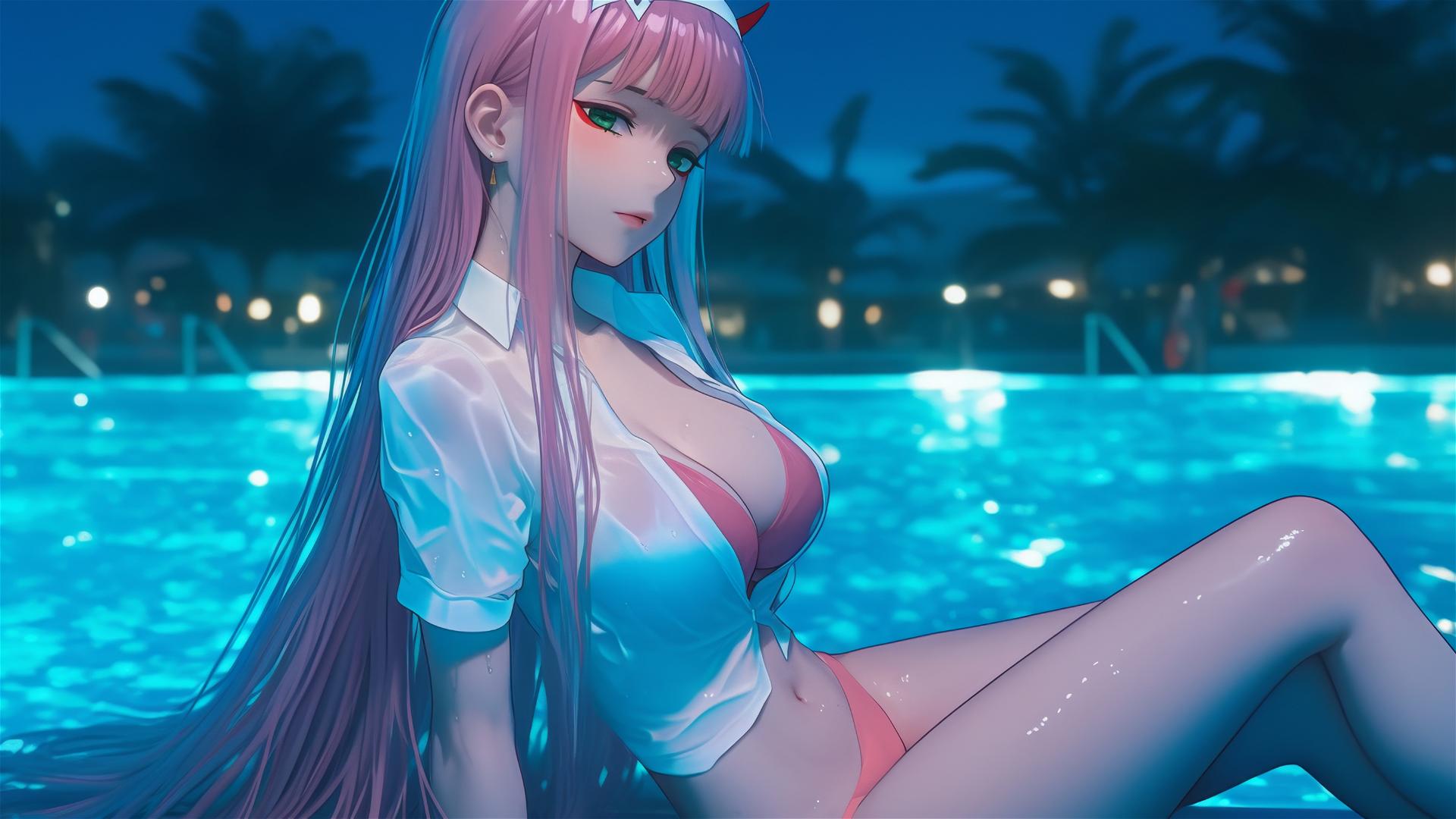Zero Two from DARLING in the FRANXX resting by rainy swimming pool, moonlight glow, long pink hair