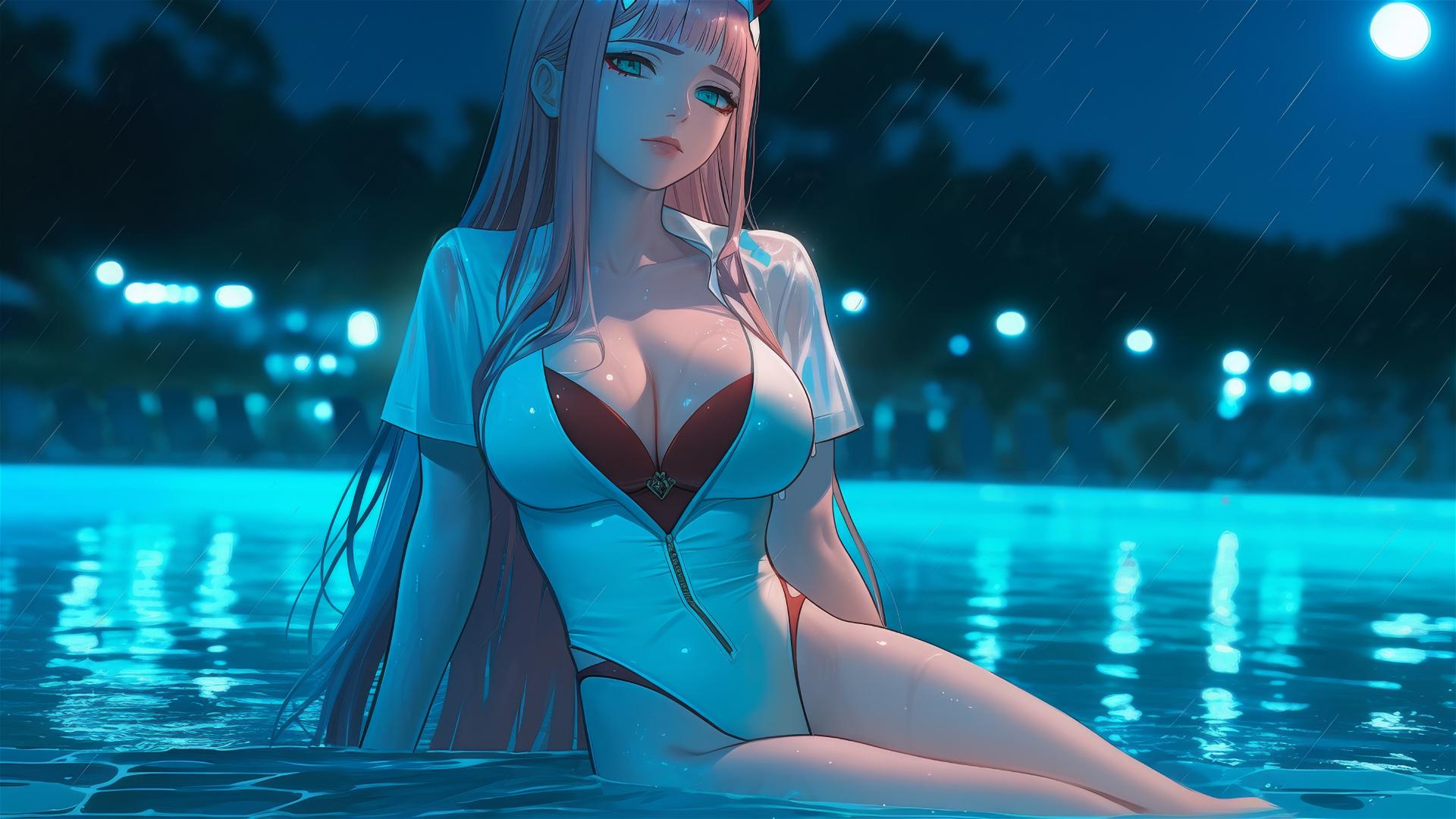 Zero Two from DARLING in the FRANXX resting by a rainy swimming pool under moonlight.