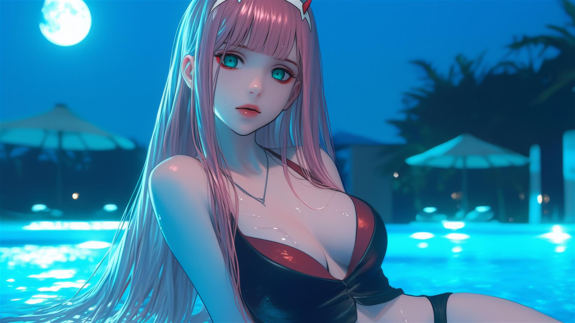Zero Two from DARLING in the FRANXX resting by a rainy swimming pool under moonlight with long pink hair