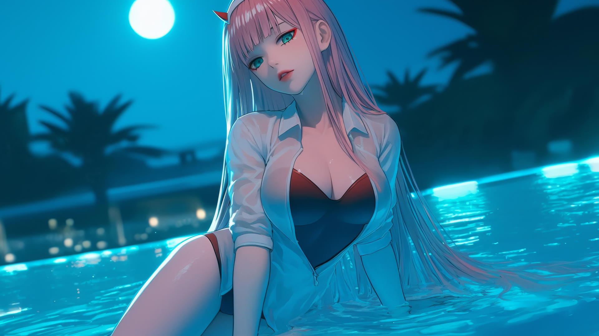 Zero Two from DARLING in the FRANXX resting by a rainy swimming pool, moonlit