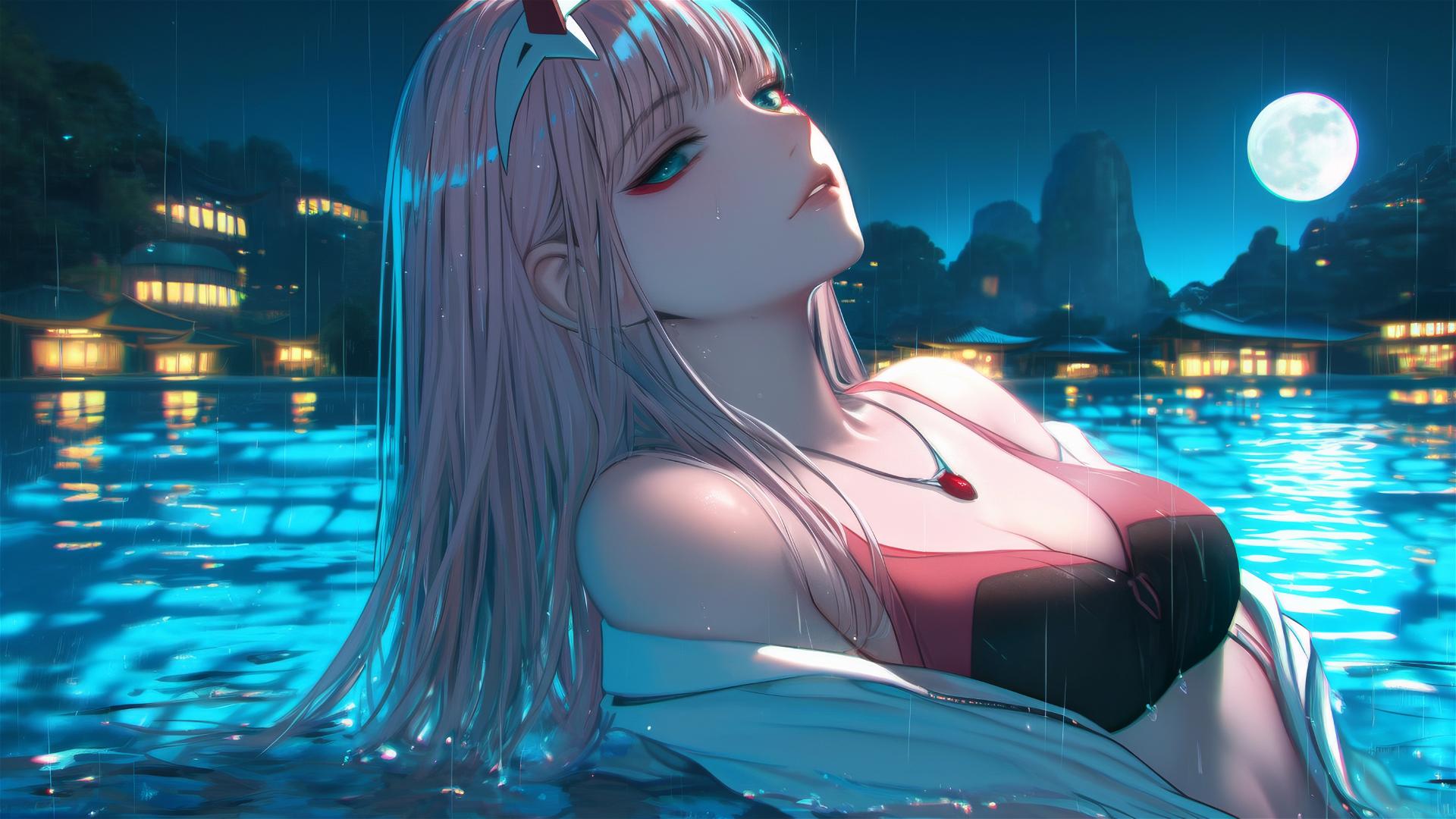 Zero Two from DARLING in the FRANXX rests by a rainy swimming pool, moonlight glowing on her.