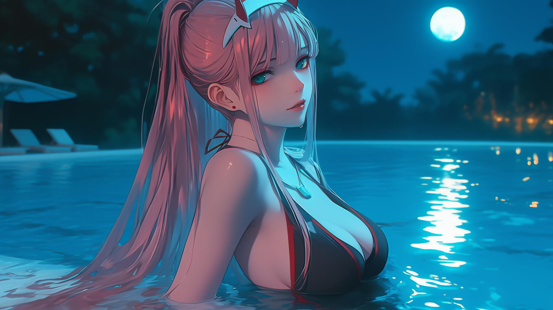 Zero Two from DARLING in the FRANXX resting by a rainy swimming pool under moonlight