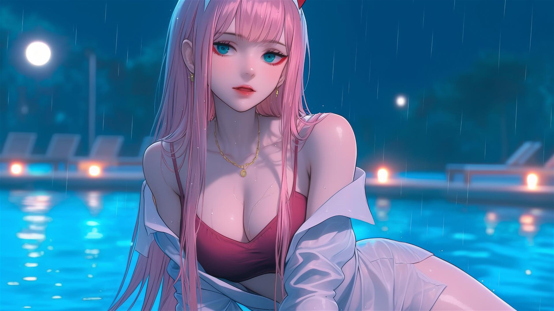 Zero Two from Darling in the Franxx by a rainy pool with moonlight