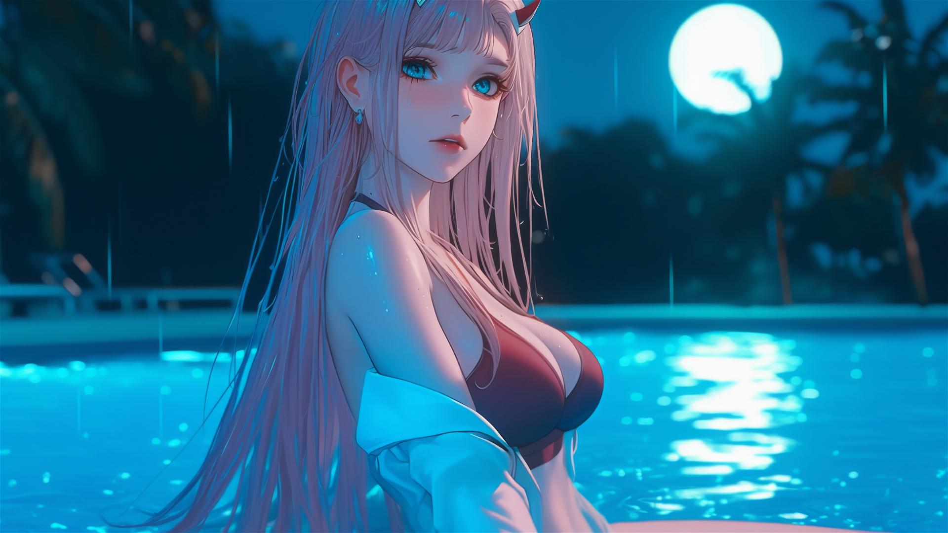 Zero Two from DARLING in the FRANXX, resting by a rainy swimming pool under moonlight, long pink hair.