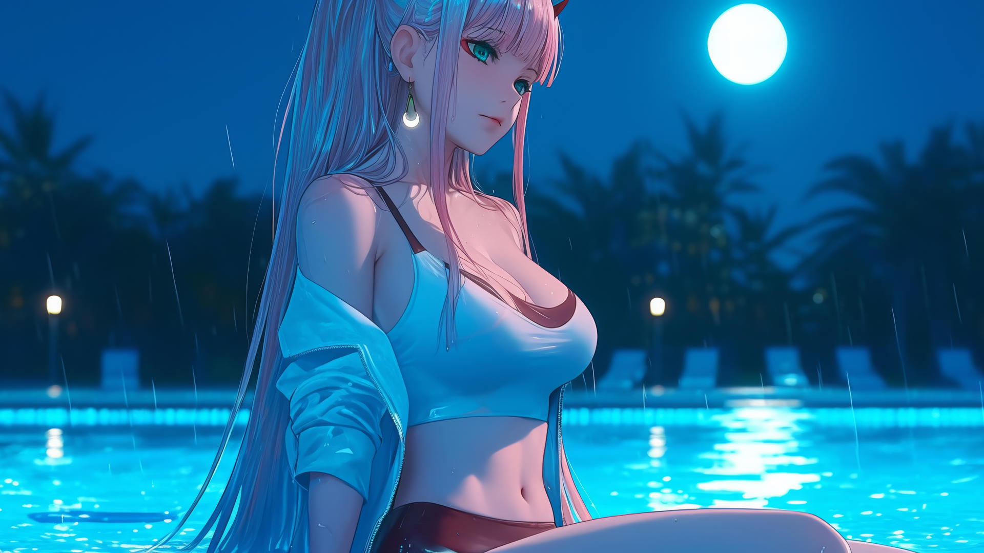 Zero Two from DARLING in the FRANXX resting by a rainy swimming pool under moonlight.