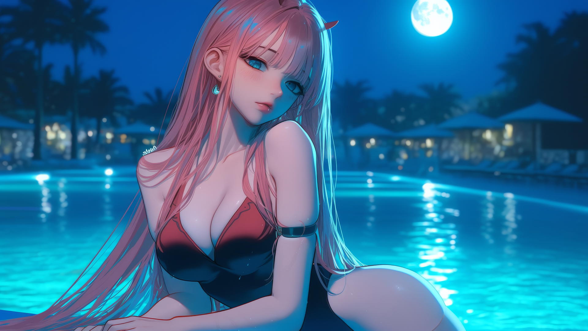 Zero Two from DARLING in the FRANXX resting by a rainy pool under moonlight.