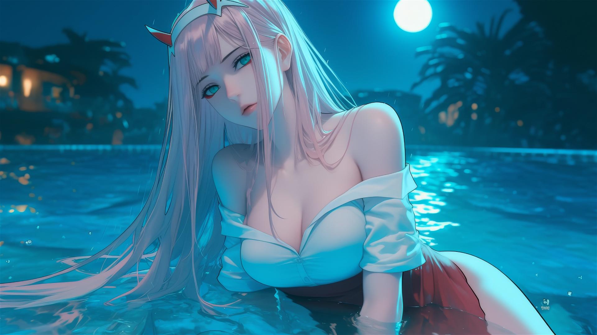 Zero Two from DARLING in the FRANXX resting by a rainy swimming pool under moonlight.